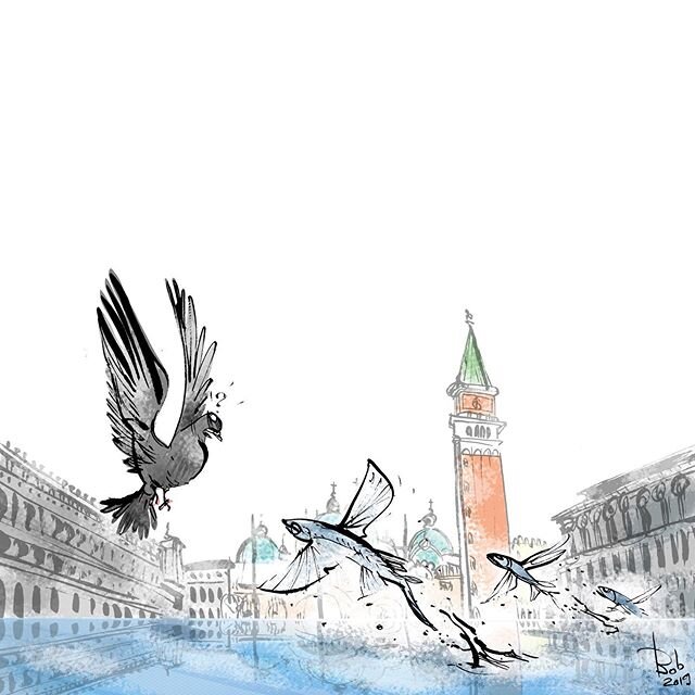 HIGH TIDE/TIME IN VENICE #drawing #cartoon #venice #hightide #flyingfish #dove #piazzasanmarco