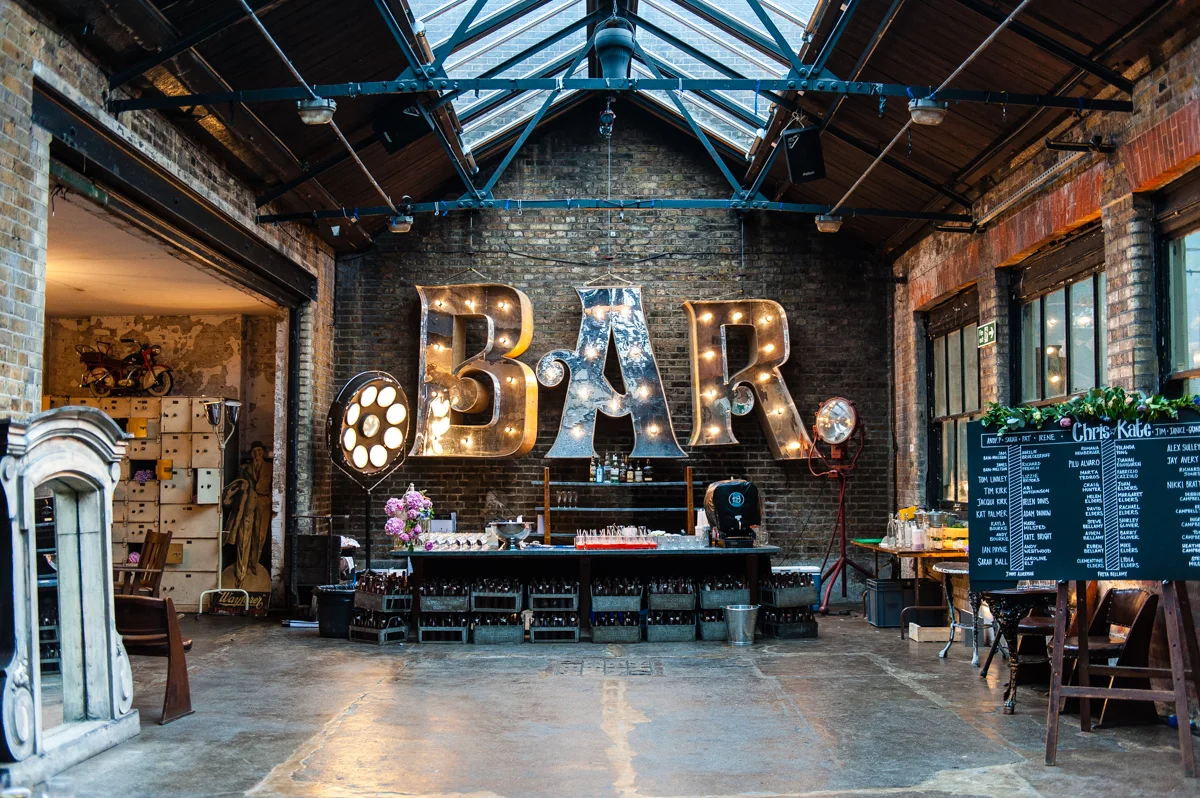 MC Motors, East London Wedding, Warehouse Wedding, Industrial Chic Venue, Dry Hire Venue, Exposed Brickworks, Props, Converted Warehouse Venue, Cool venue, Quirky, Wedding Planner Coordinator