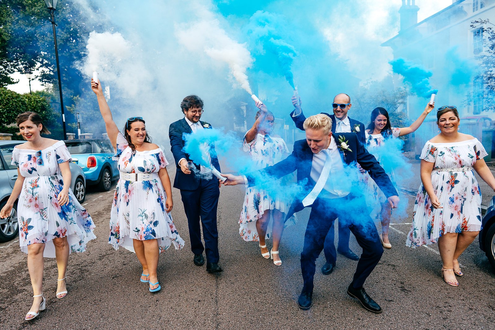  Blue Smoke Bombs Wedding Party Street Fun South London  Jordanna Marston Photography   Dita Rosted Events London Wedding &amp; Events Management Coordination service  