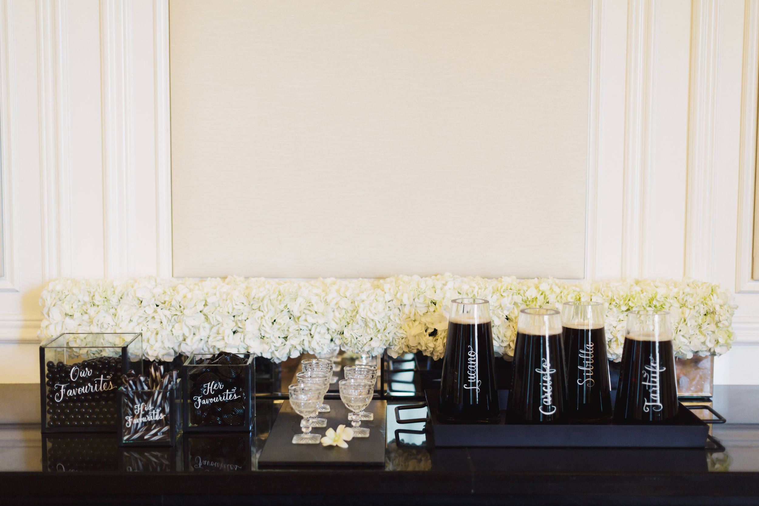 His/Her Sweet Favorites ! I don’t have to tell you how much fun candy bars are; I especially love this one as it reflects the couple themselves. We incorporated some favourites of the bride and groom for their late night sweets (displaying it with some of the groom’s favourite dinner drinks). Photo: Artiese Calligraphy: The Lettering Studio