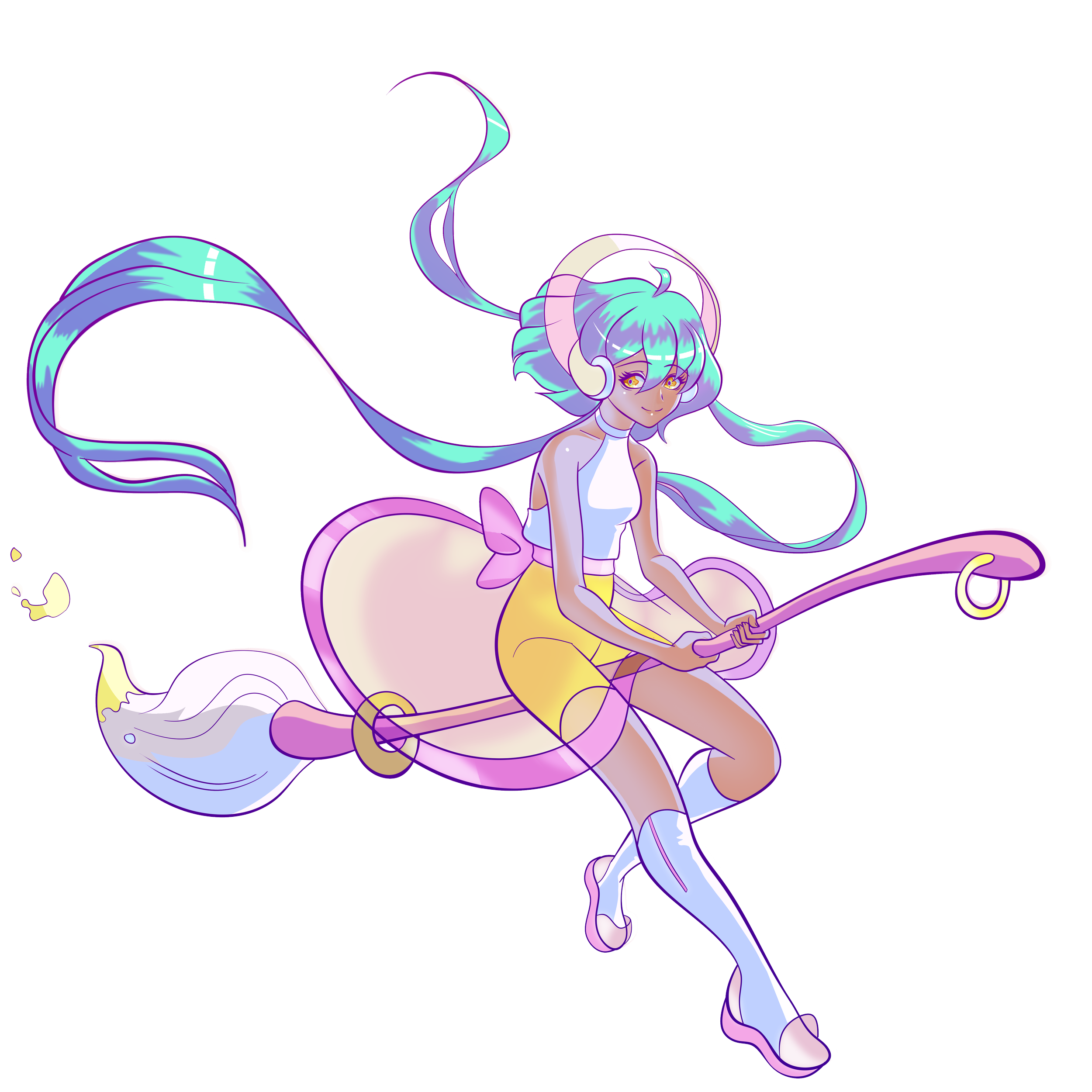 An animated character with long, flowing pastel-colored hair, wearing headphones, a white top, and yellow shorts, sitting on a crescent moon against a background with large, blocky shapes.