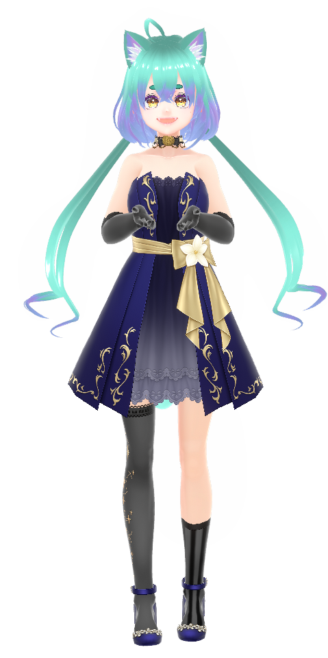 Anime-style girl with blue-green hair, cat ears, wearing a dark blue dress with gold and lace details, long gloves, and high heels.