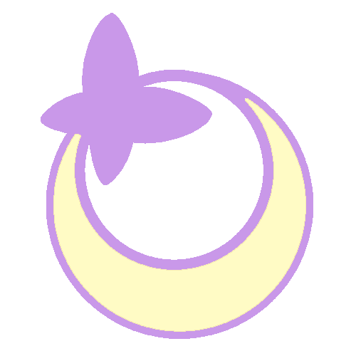 A purple butterfly perched on a yellow crescent moon against a black background.