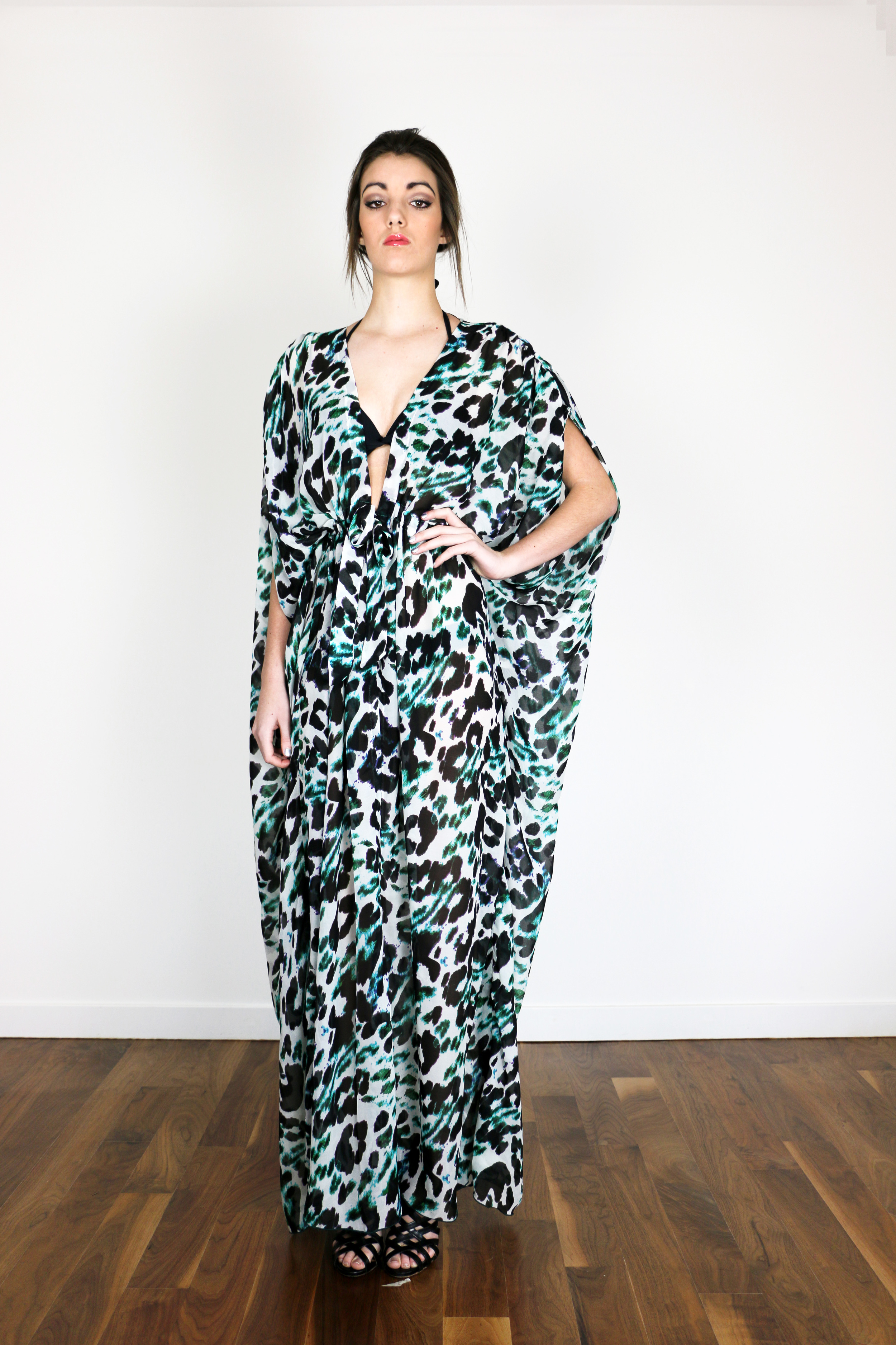 Blue and Green Leopard Print Chiffon Caftan