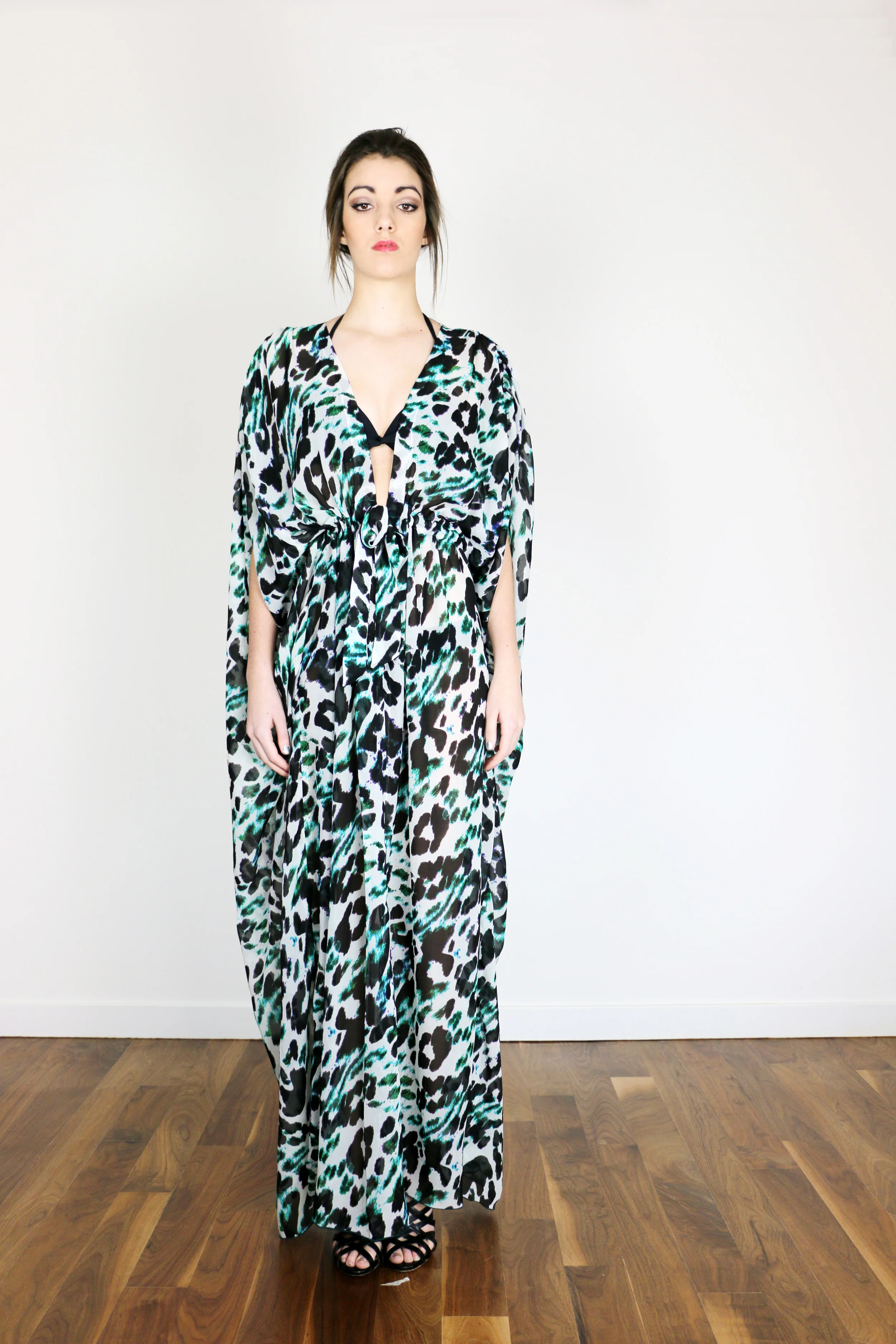 Blue and Green Leopard Print Chiffon Caftan