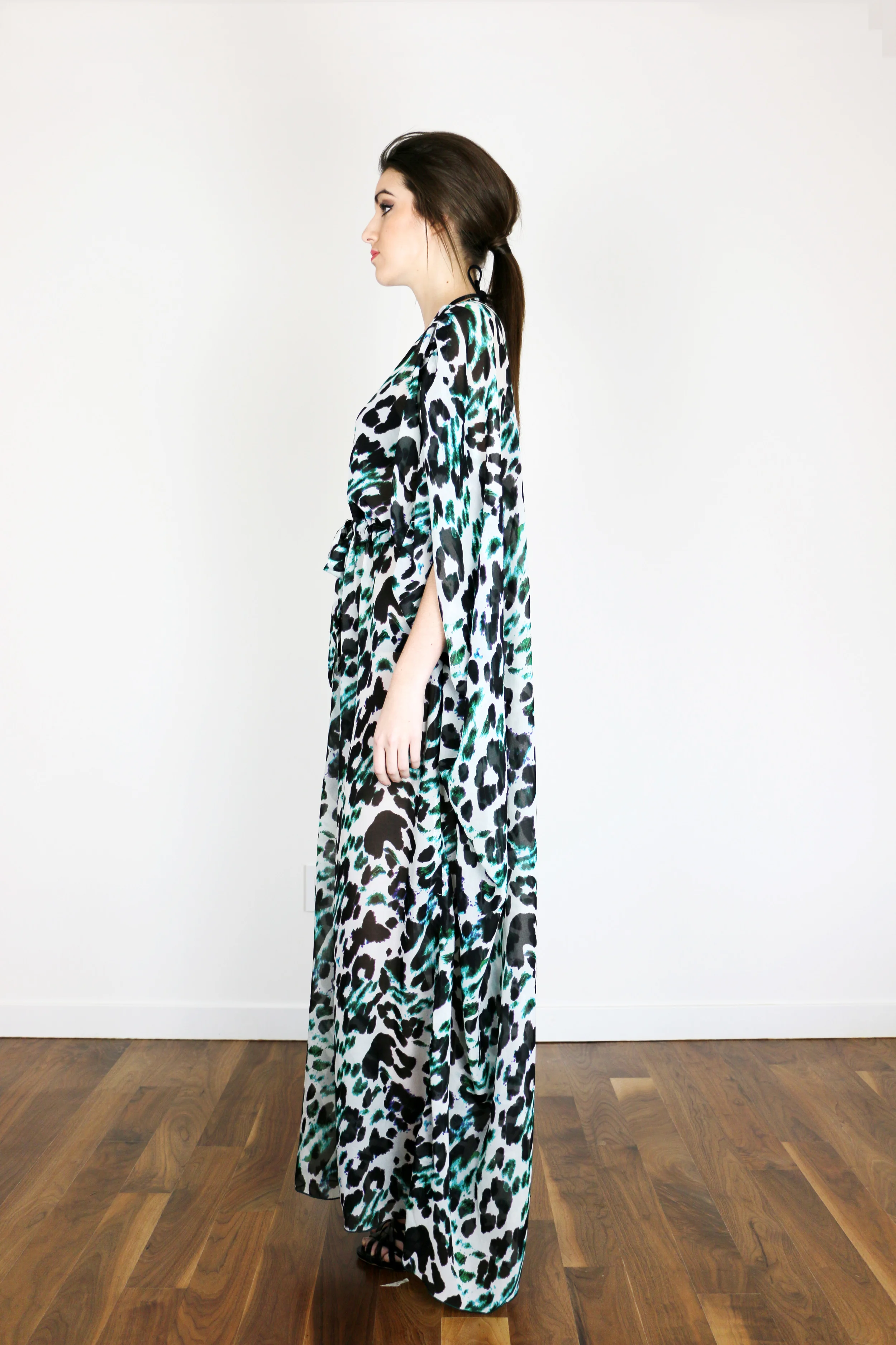 Blue and Green Leopard Print Chiffon Caftan