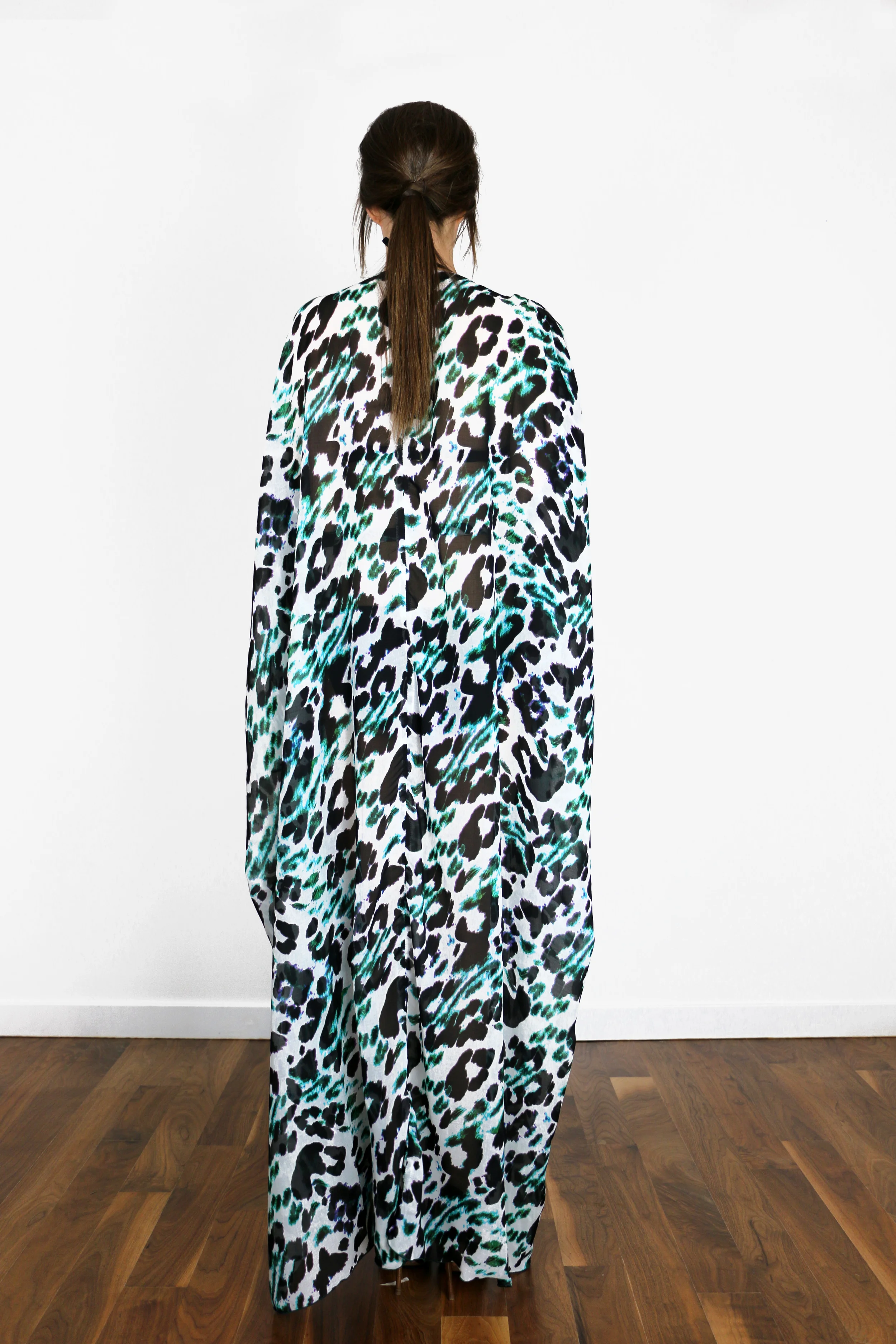 Blue and Green Leopard Print Chiffon Caftan