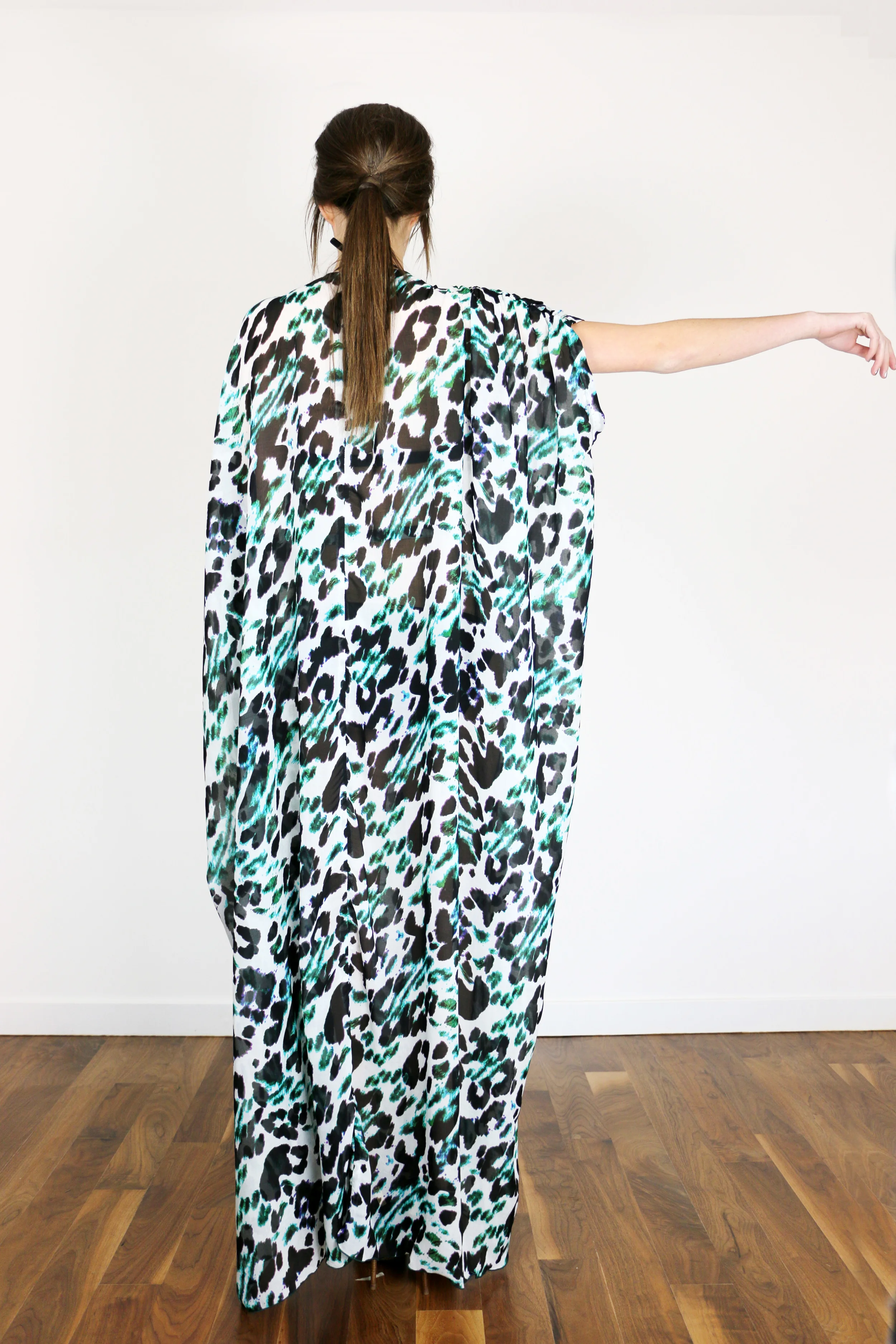 Blue and Green Leopard Print Chiffon Caftan