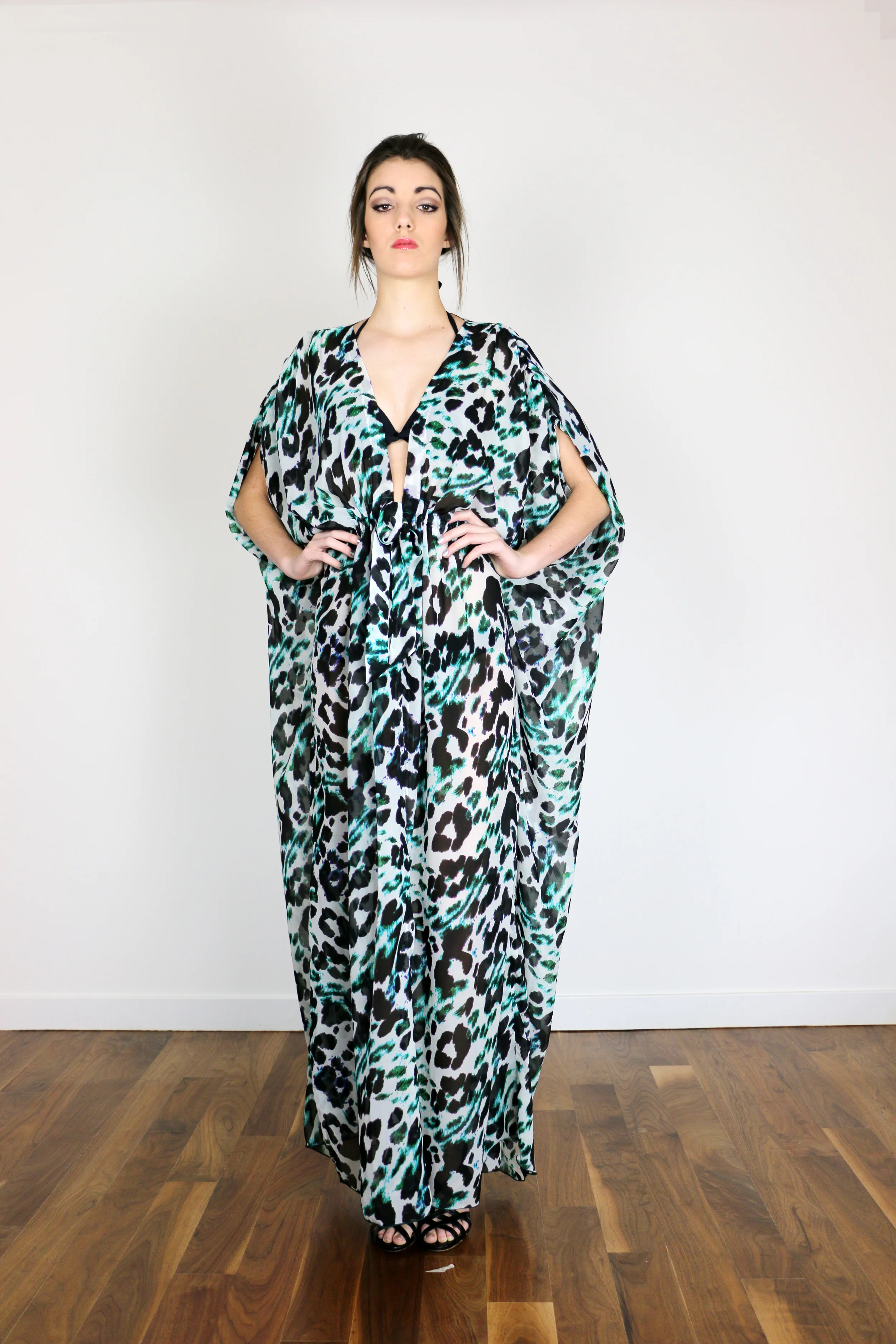 Blue and Green Leopard Print Chiffon Caftan