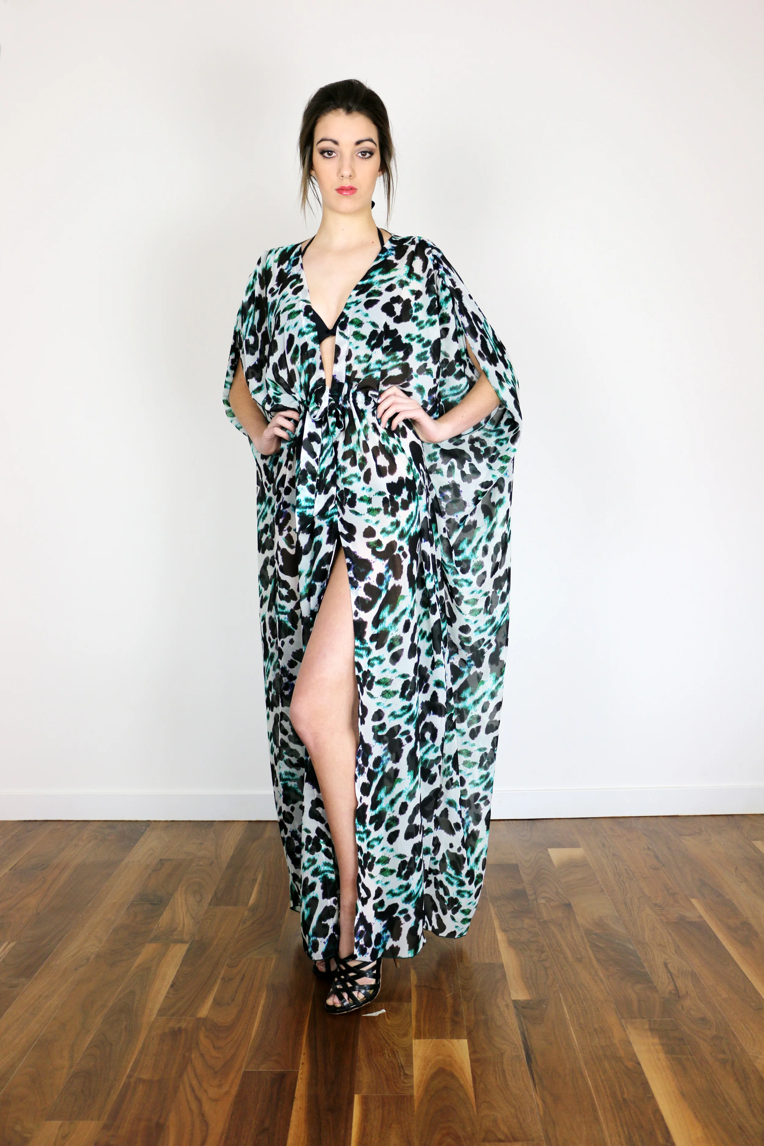 Blue and Green Leopard Print Chiffon Caftan