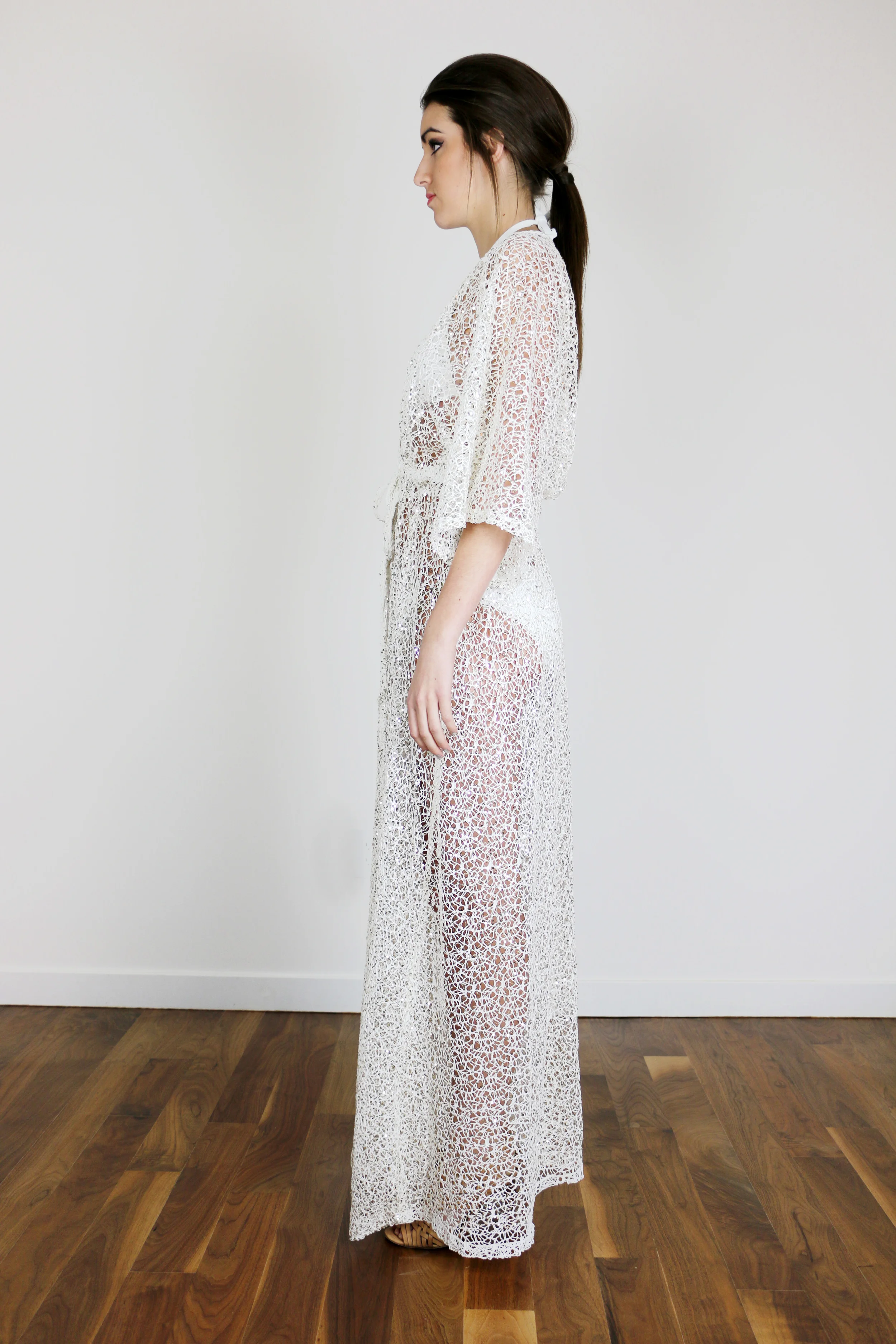 White Mesh Cover-up with Gold Sequins