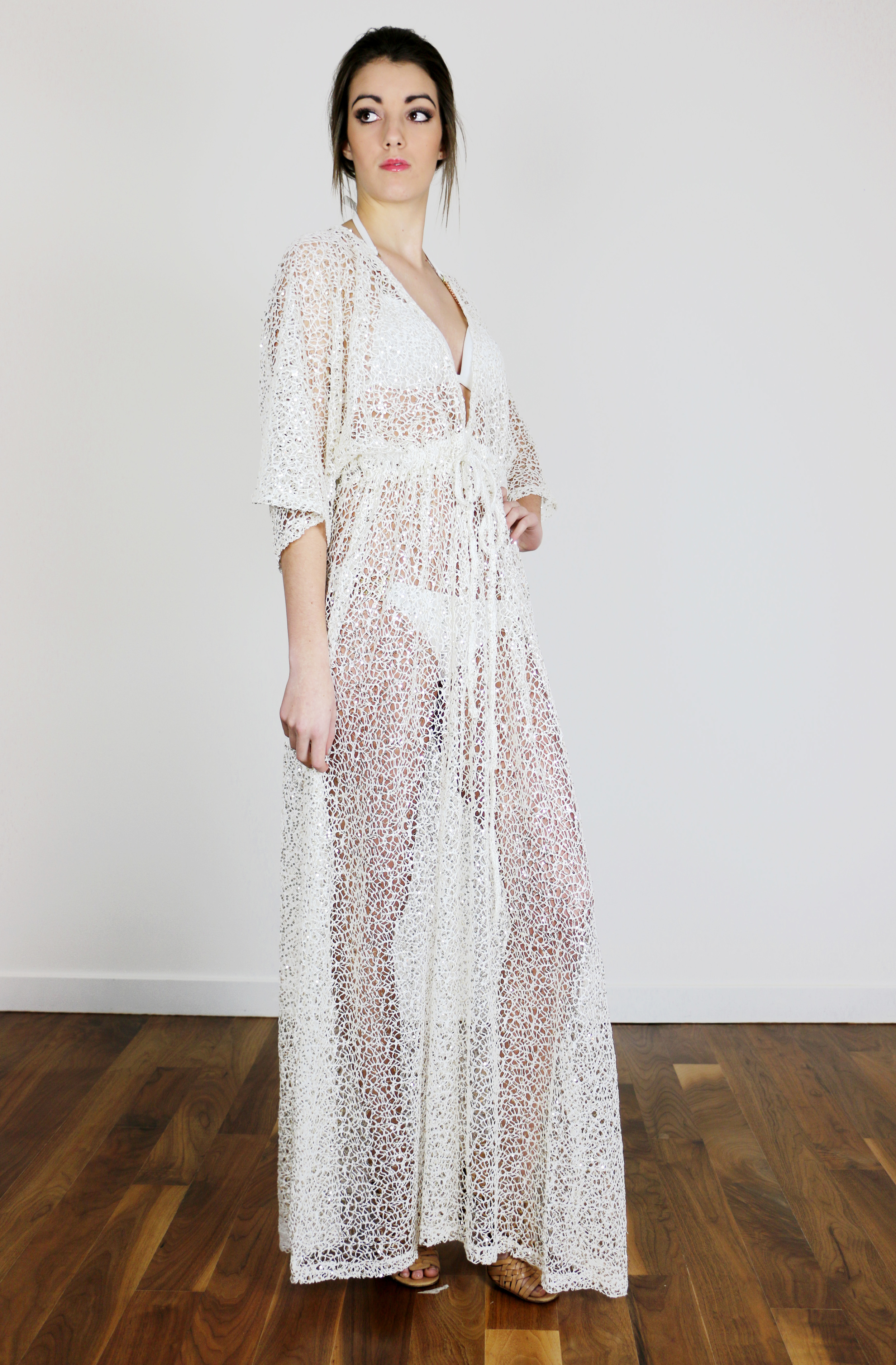 White Mesh Cover-up with Gold Sequins