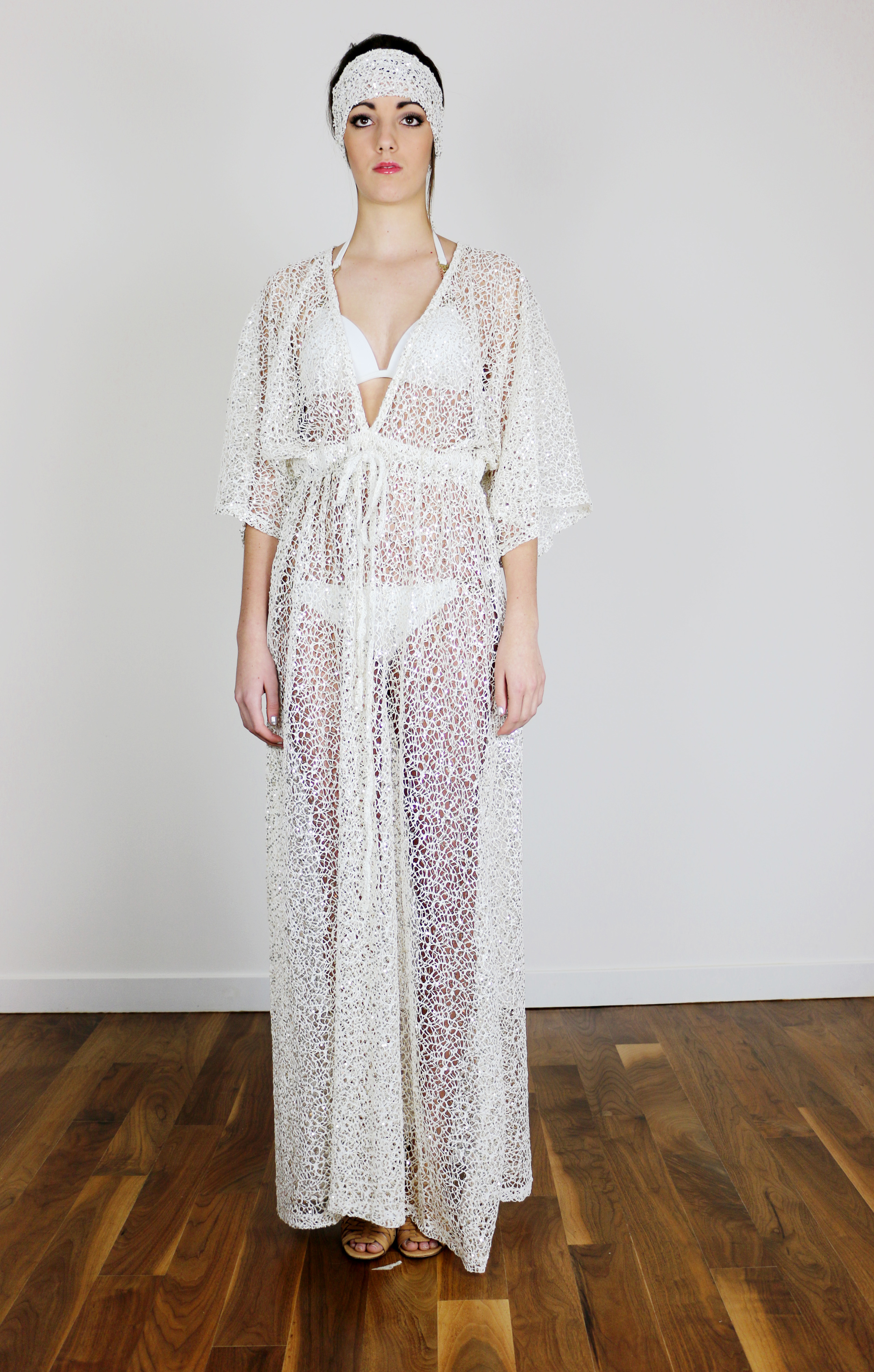 White Mesh Cover-up with Gold Sequins