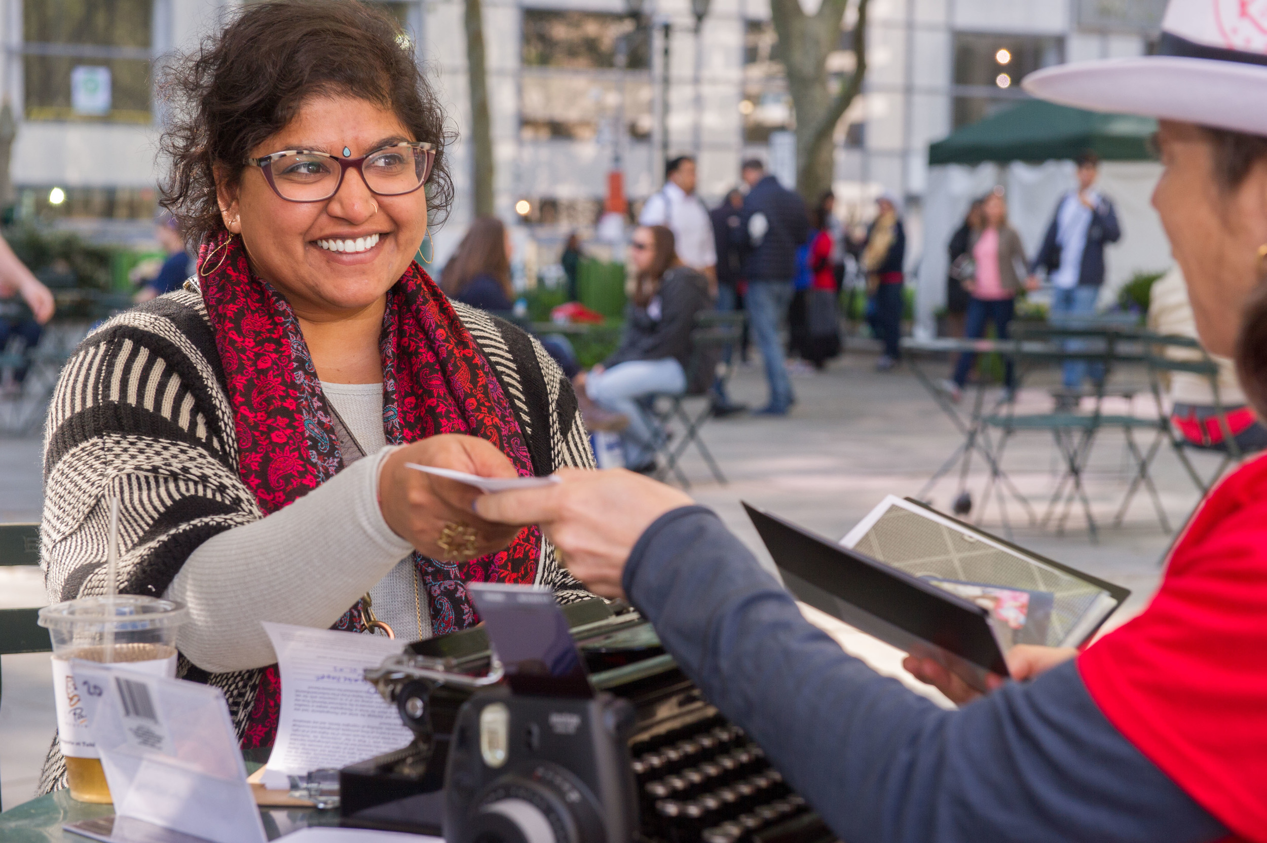  Sheetal Prajapati dictated a message at Bryant Park. Photo by Christian Carter-Ross. 