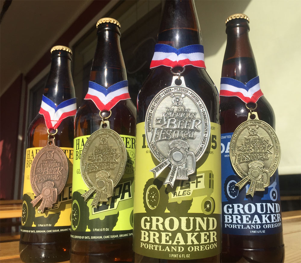 Four years, four medals. From left to right. Harvester Brewing Pale Ale (2012 GABF Bronze, Gluten Free), Harvest Brewing IPA No. 1 (2013 GABF Gold, Gluten Free), Ground Breaker IPA No. 5 (2015 GABF Silver, Gluten Free) , and Ground Breaker Dark Ale (2014 GABF Gold, Gluten Free).