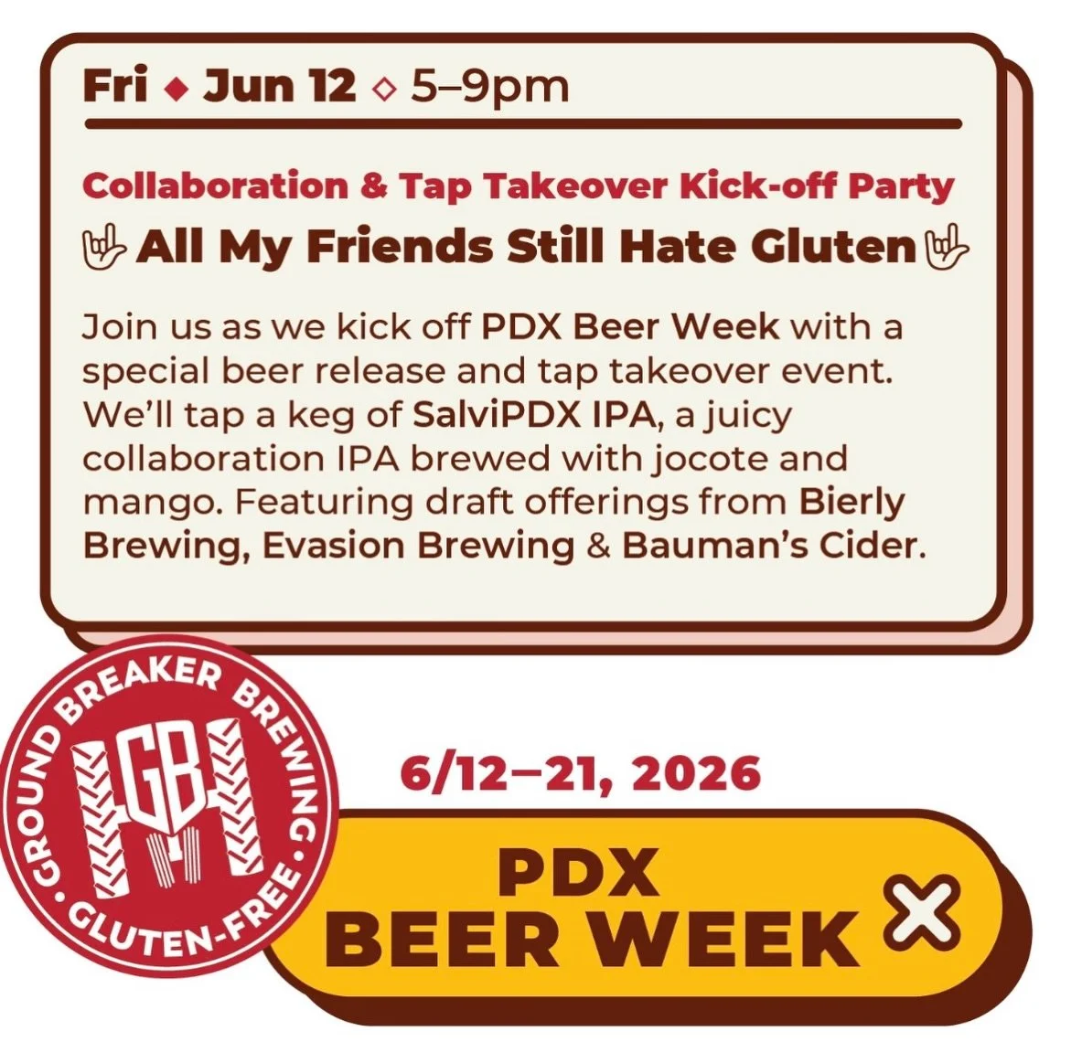 PDX Beer Week starts next week 🍺

We&rsquo;re celebrating the best way we know how: with collaboration, bikes, records, art, and a whole lot of gluten-free beer.

🎸 June 12 &mdash; All My Friends Still Hate Gluten
A collaboration release and tap ta