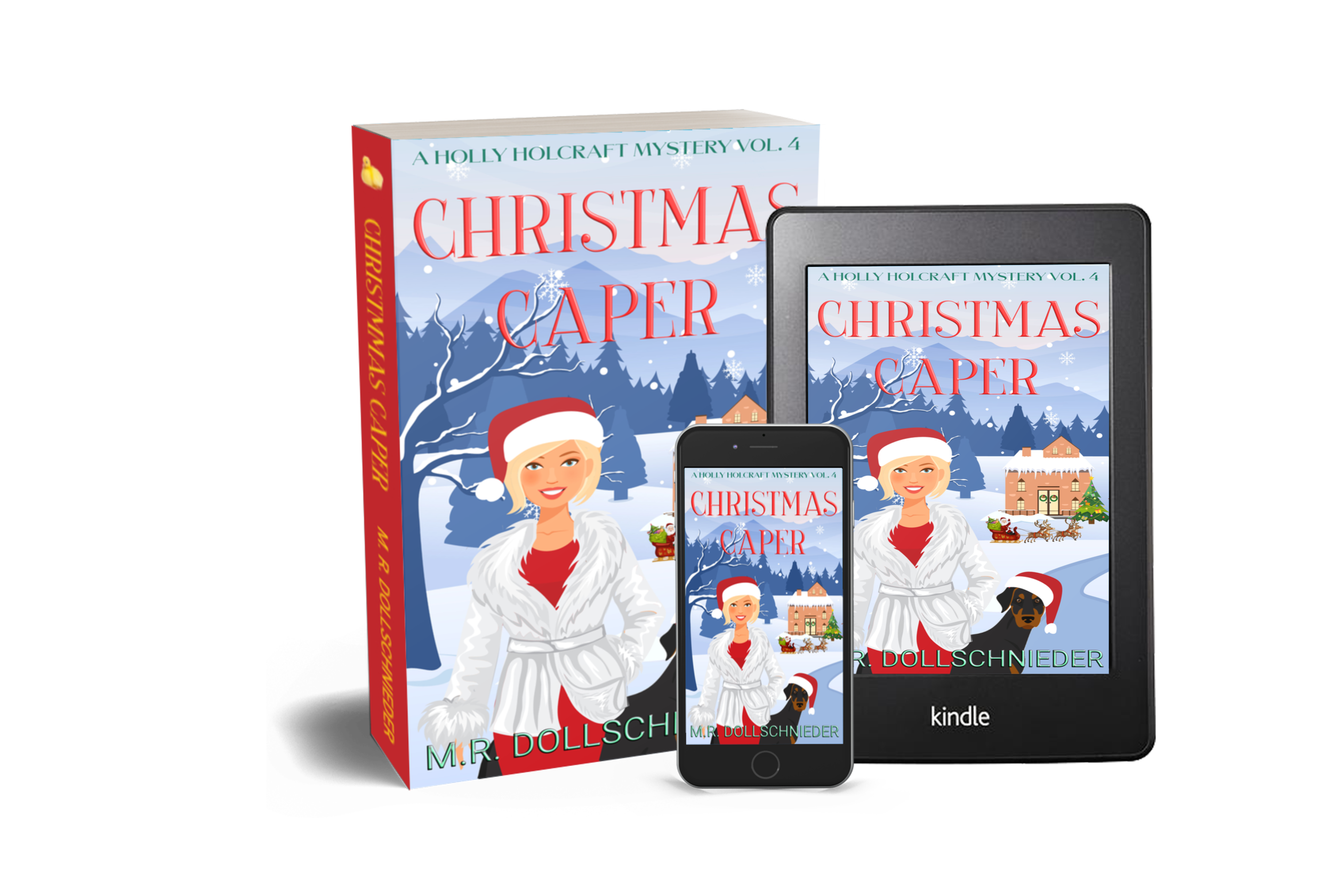 Book titled "Cabin in the Woods" by M.R. Schiedneider displayed on a Kindle, tablet, and smartphone, with a snowy cabin, trees, a woman, and a bear on the cover illustration.