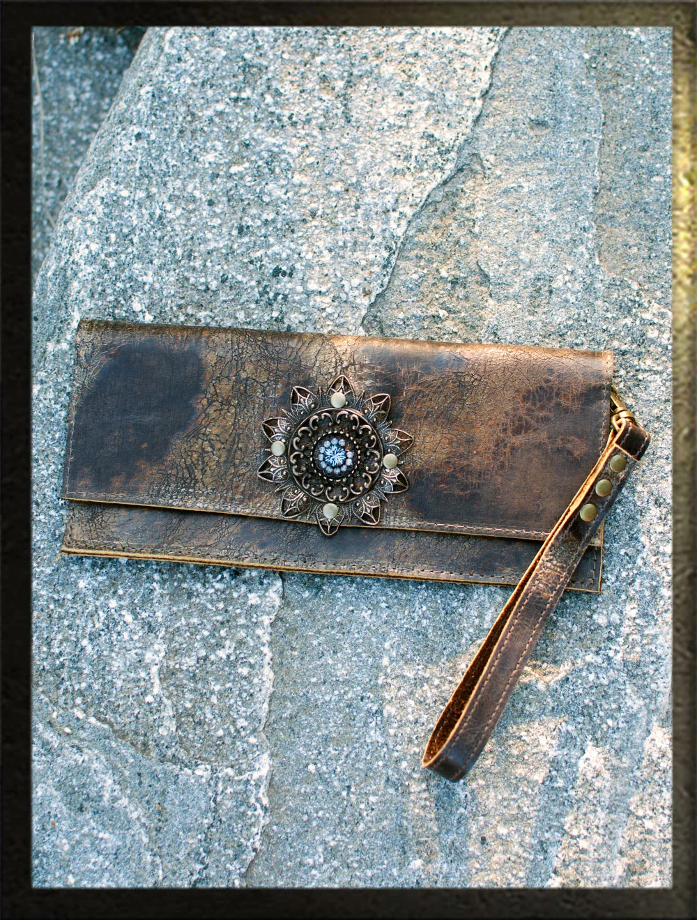 Long Phone Wallet (Weathered Brown, Filagree Flower w/ Vintage Air Blue Opal & Silver Night Light Stone)