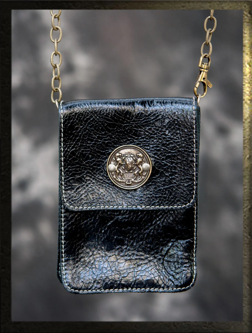 Cell Purse w/ Antique Lion Crest Coin (Midnight Black Leather)
