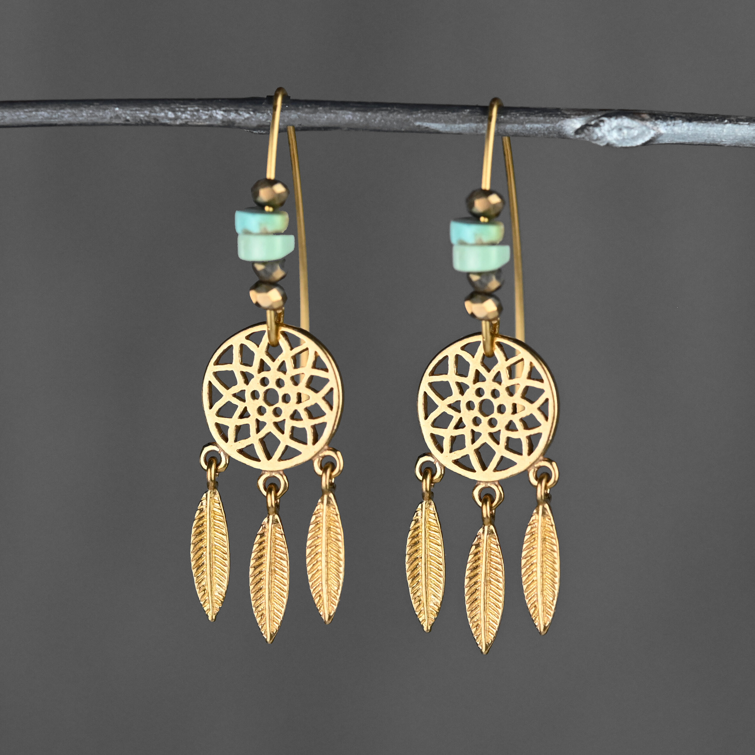 Sterling Silver Dreamcatcher Earrings with Turquoise Coral 42990