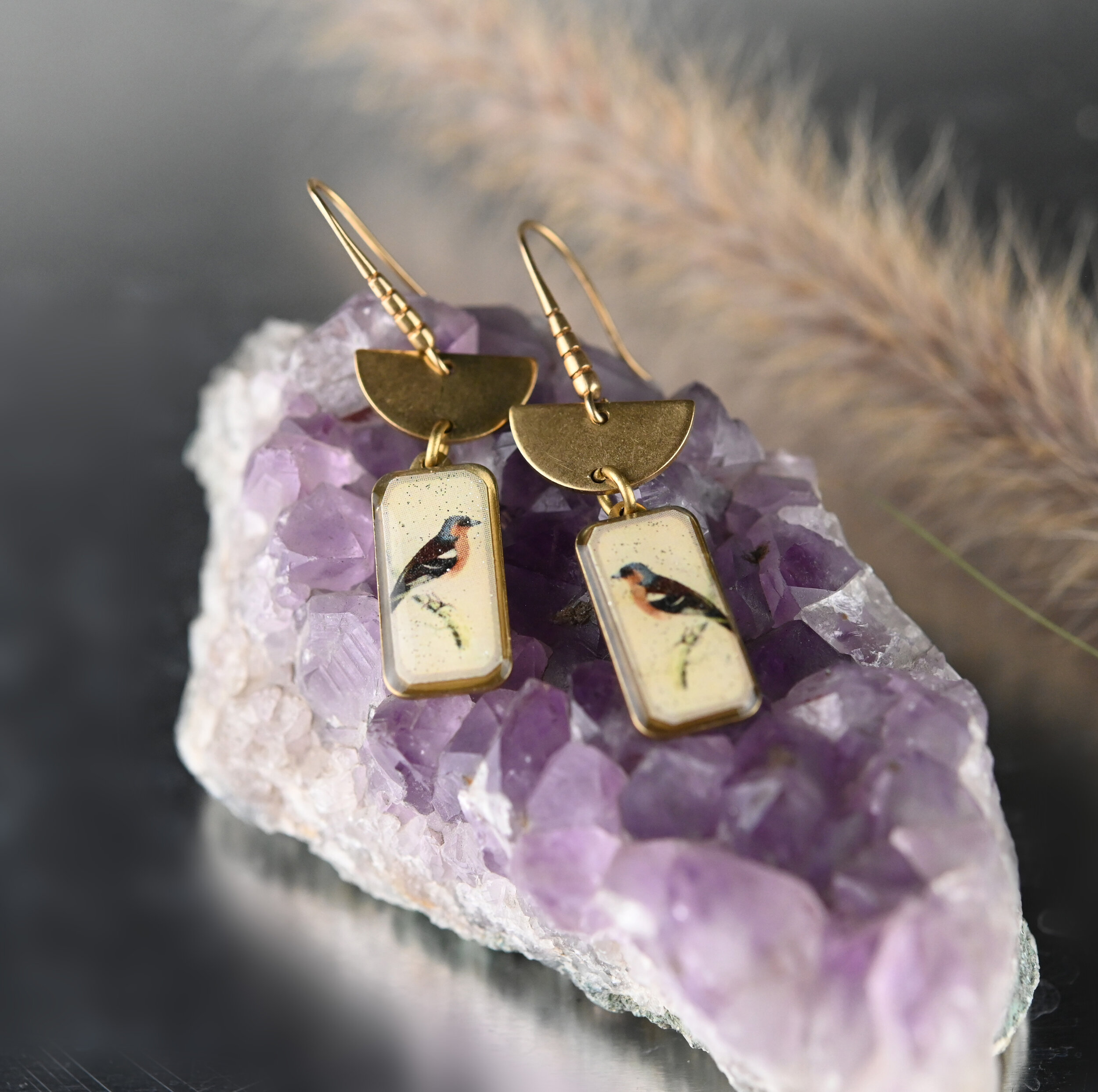 Wooden purple hexagon  bird on branch stud earrings dangle drop 