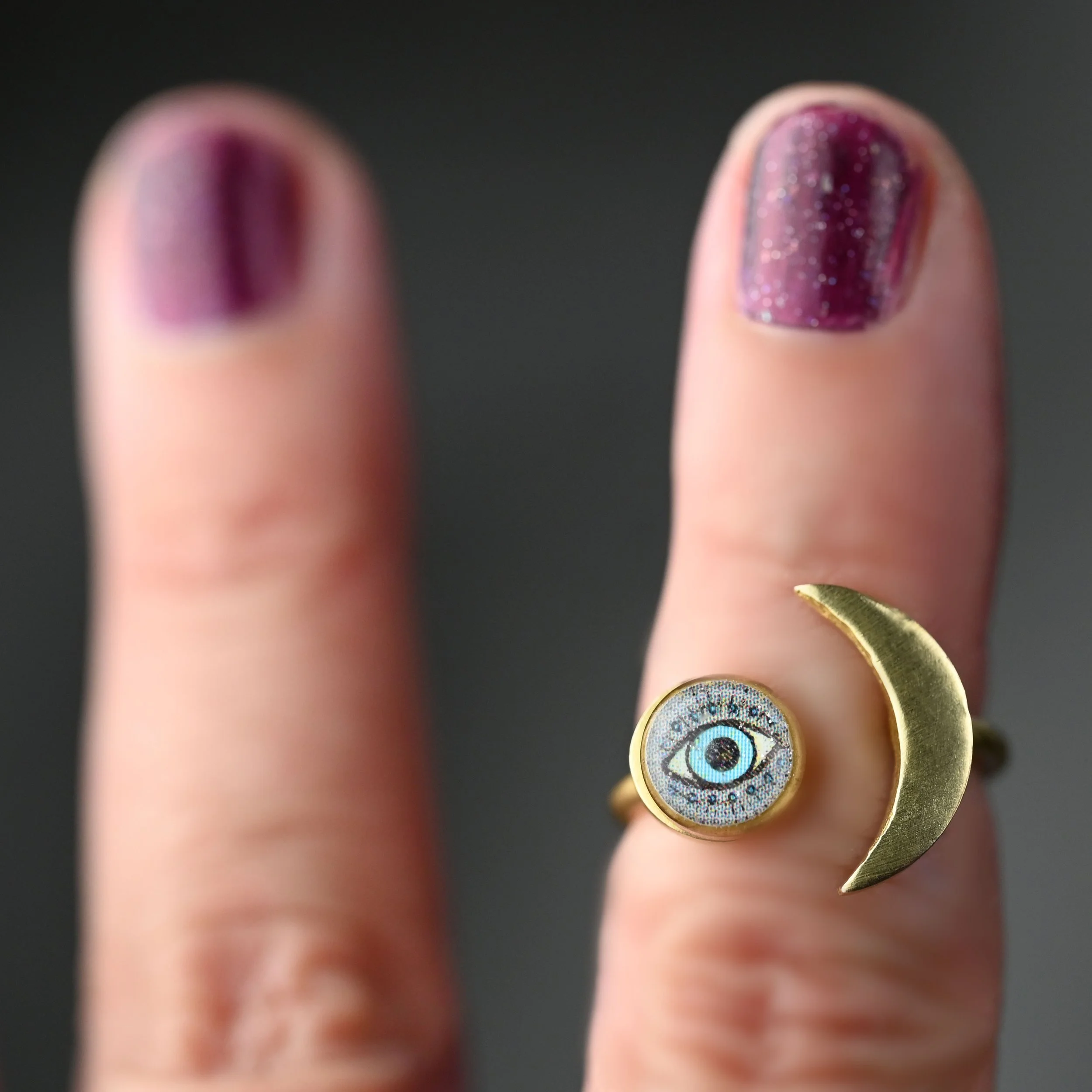 Adjustable Brass Ring w/ Picture and Moon Sliver (Eye) — KBD