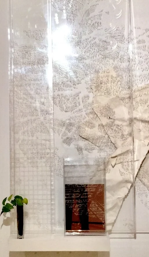 this detail shows a side view of a staircase from my daily journey into the NYC subway, a grid as part of my regimented existence and a live plant - a hope for a better life