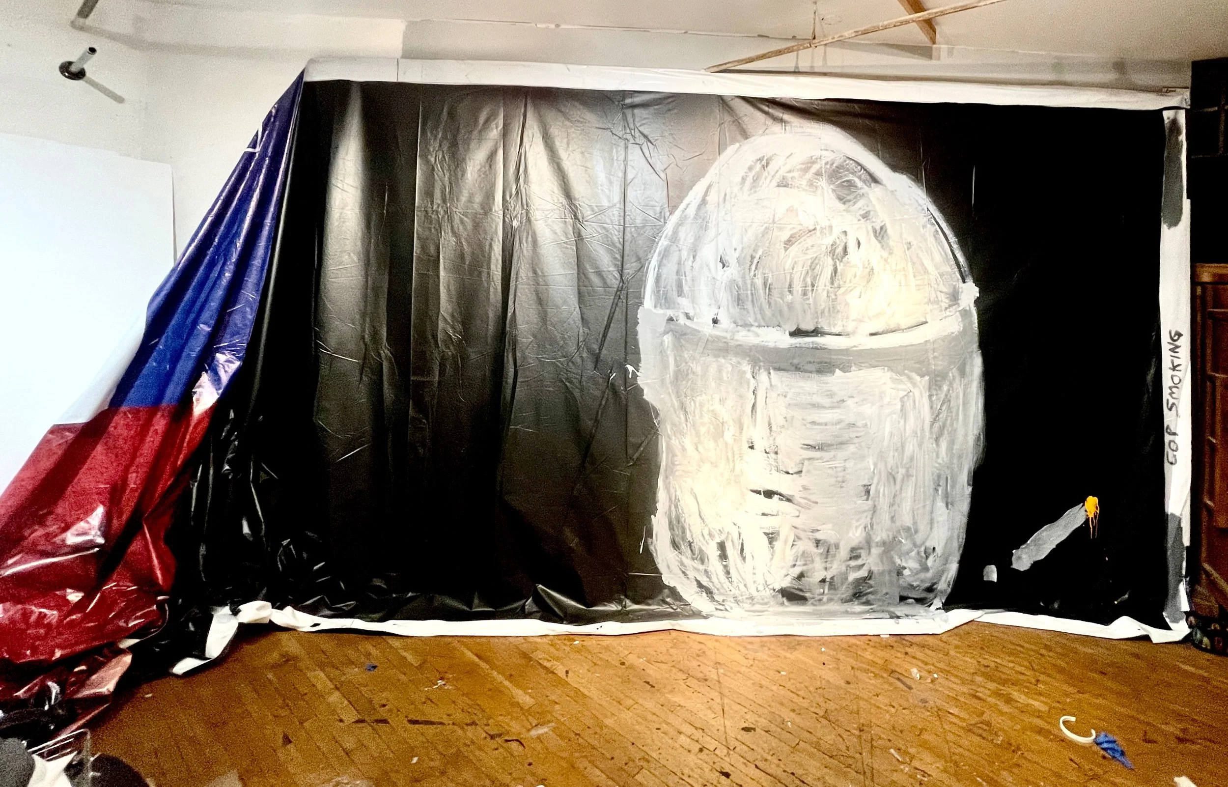 “Cop Casually Smoking While Standing Outstanding the School”  Acrylic on Recycled Advertising Vinyl Billboard  132” x 250+” x 72” (dimensions variable)  5/23/2022