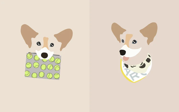 Chompers the Corgi is wearing: (from left to right) Clutch: Clare Vivier Tennis Print Flat Clutch Scarf: Marc Jacobs Blurred Dot Scarf