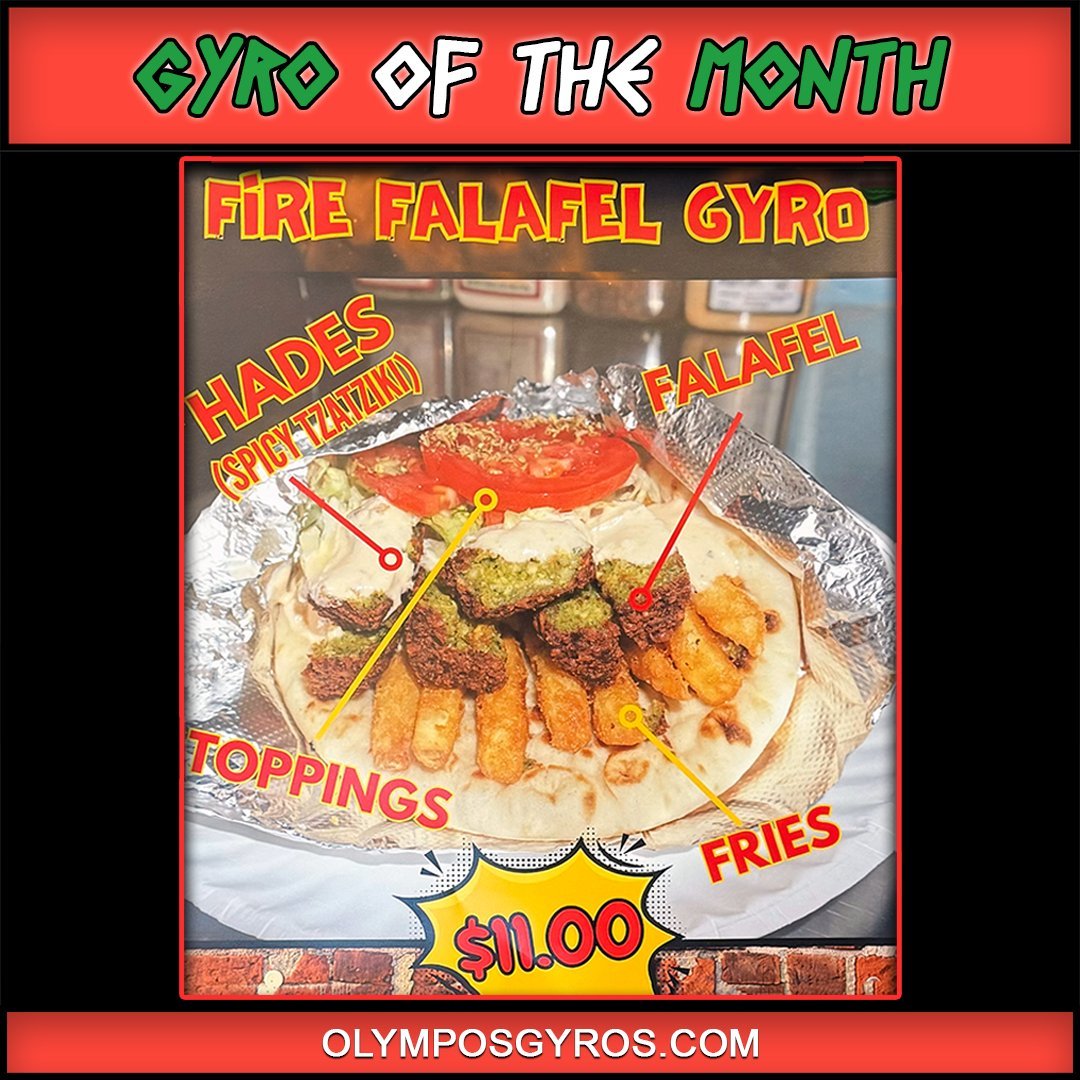 Introducing the Gyro of the Month: Fire Falafel! 🥙✨ Packed with bold flavors and fresh ingredients, it's a must-try. Stop in today and treat yourself! 😋 

#GyroOfTheMonth #Olympos #DeliciousEats #Gyro #LocalBusiness