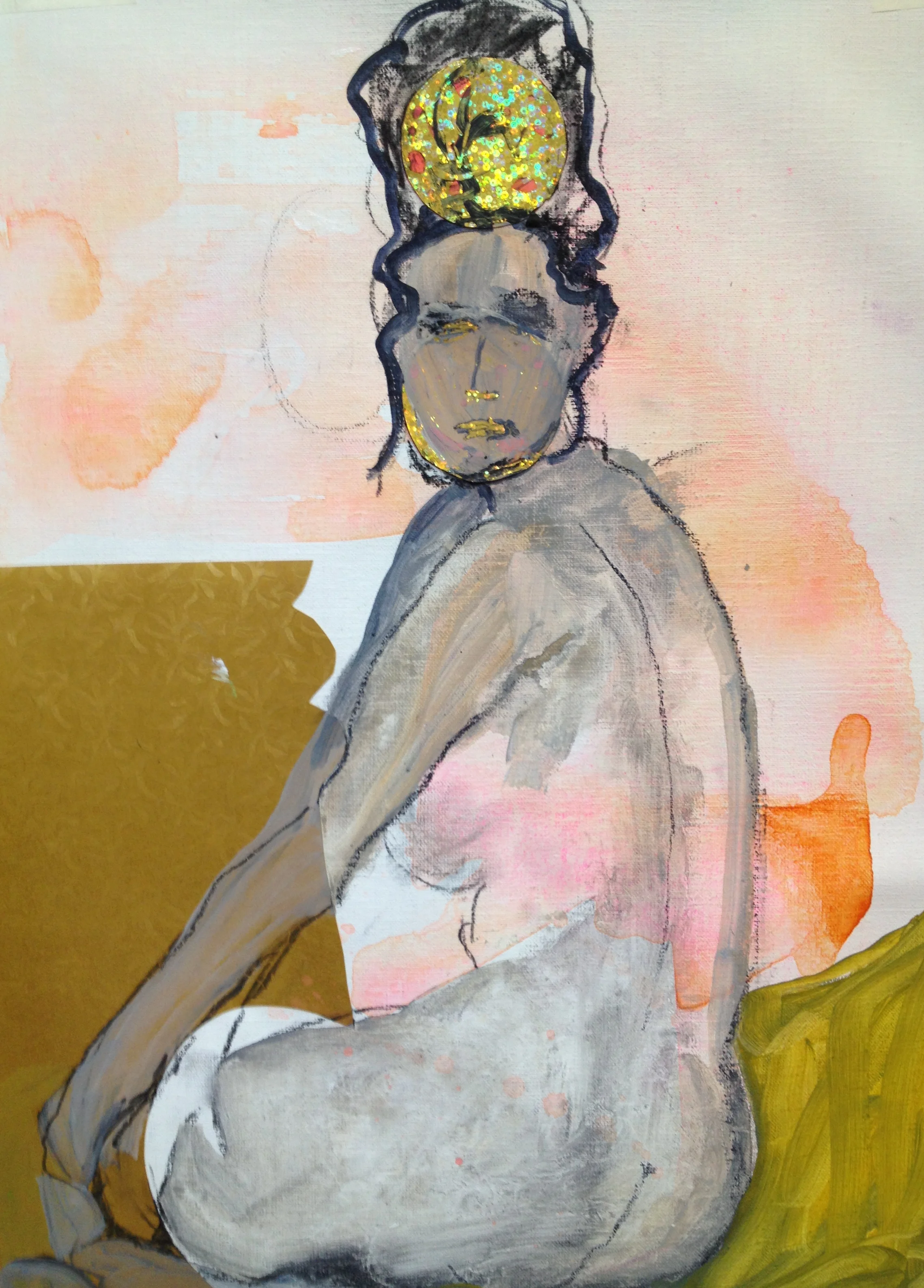 looking Classy, acrylic, charcoal and collage on canvas, framed 74x52x cm.