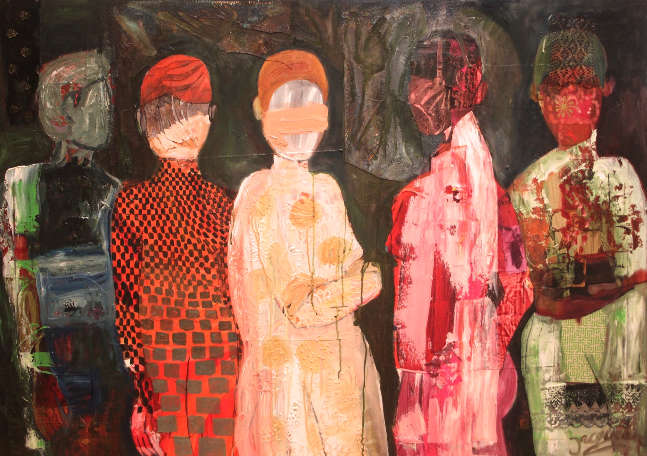 Dressed in red, acrylic, oil and collage on canvas, 100x140cm. 2016 Sold