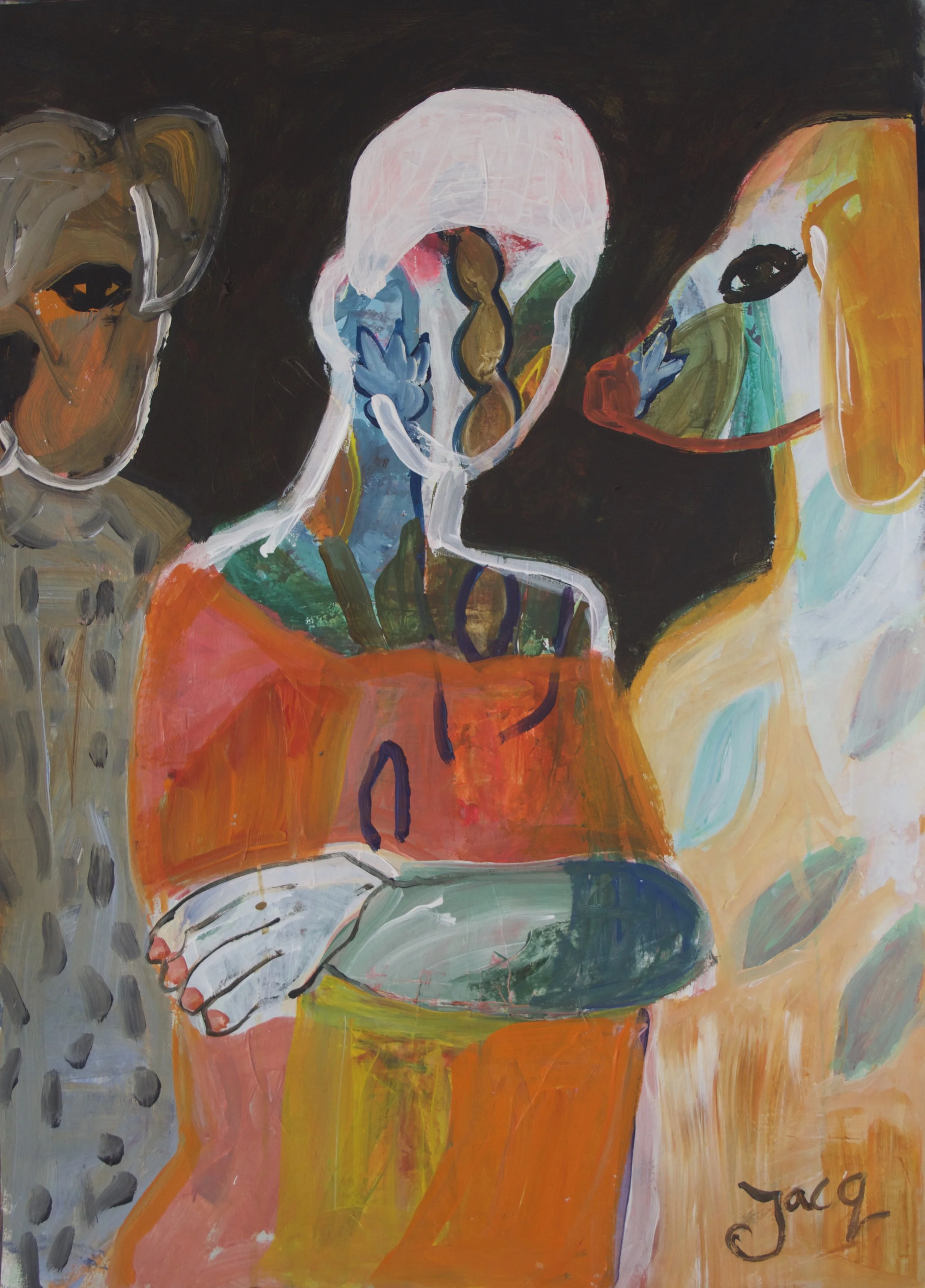 Buddy, Bailey and me, acrylic on paper 50x70cm. 2018Sold