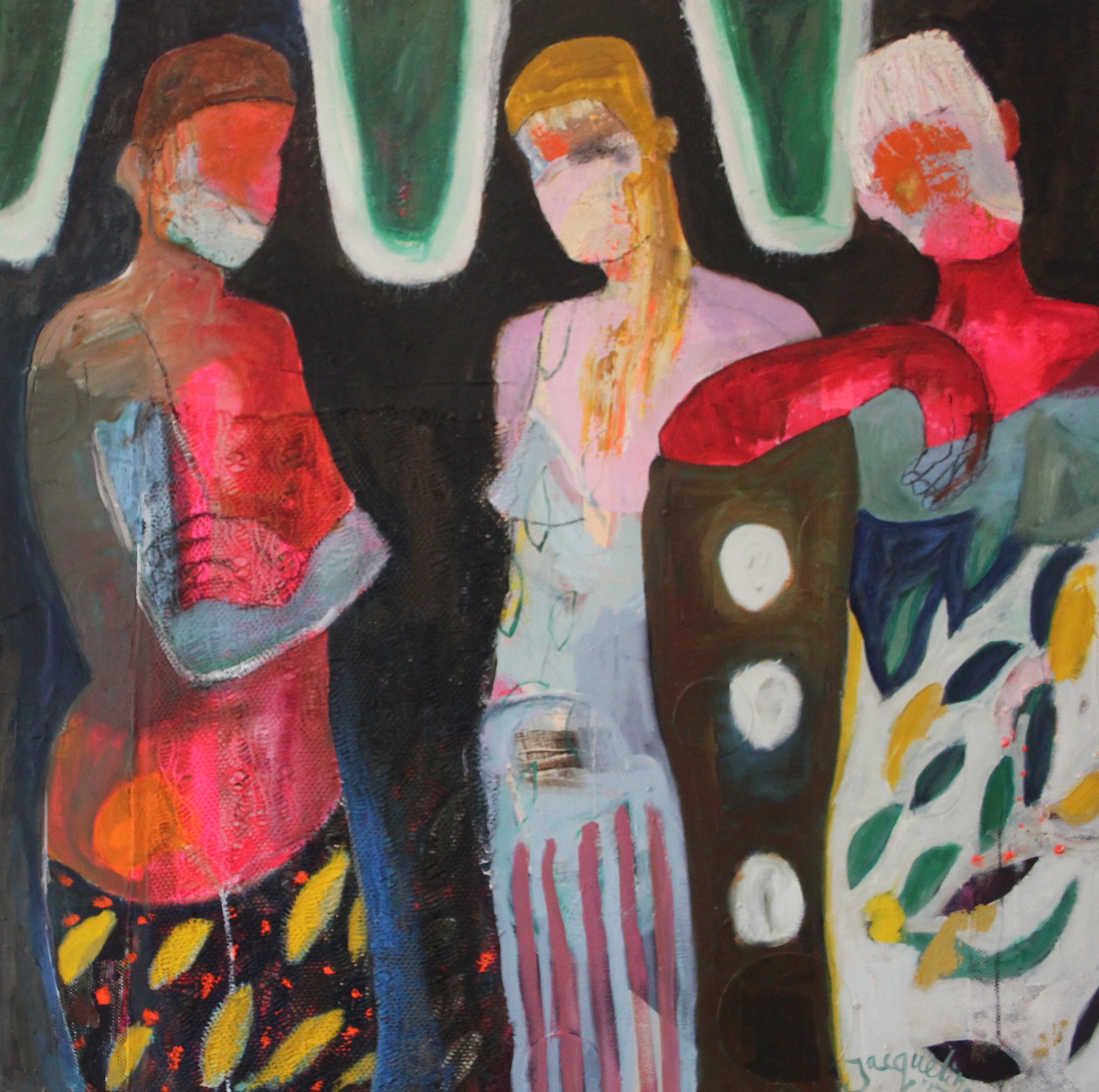 Small talk, acrylic, oil and collage on canvas 100x100 cm. 2018 sold