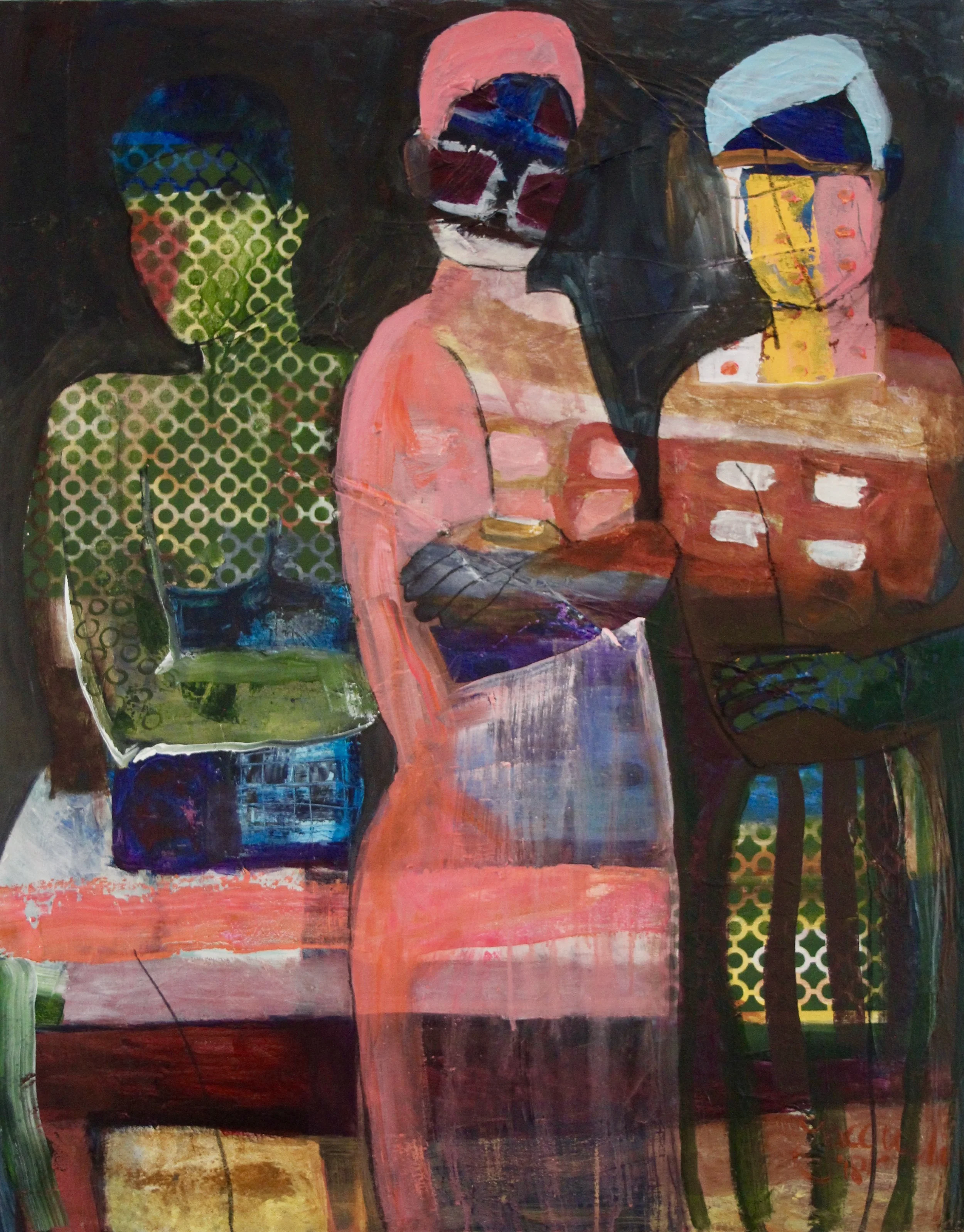 Dressed in colors, acrylic, spray paint, charcoal, paper on canvas 100x80 cm. 2018