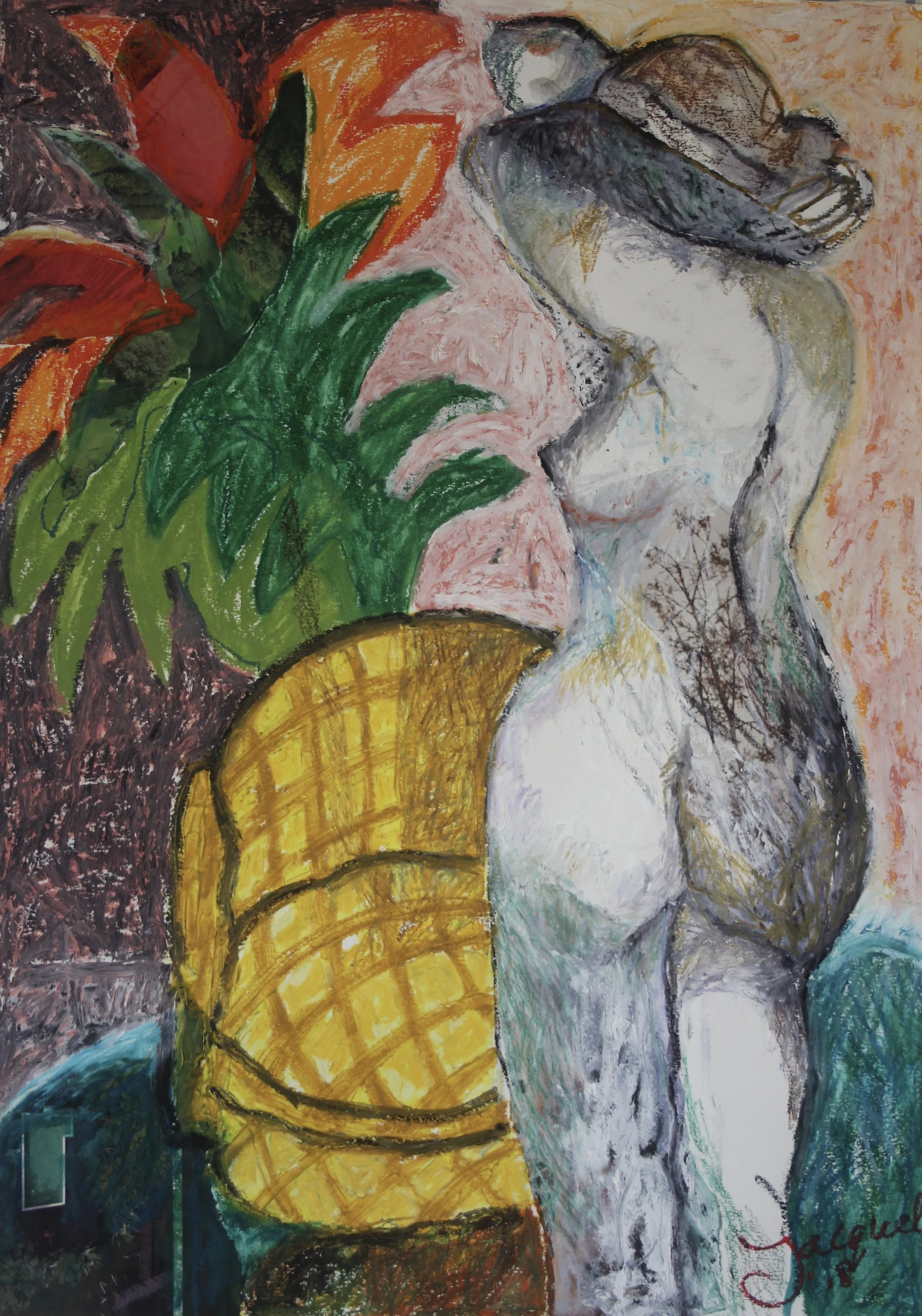 Boudoir, oil pastel and collage on paper, 60x42 cm. 2018