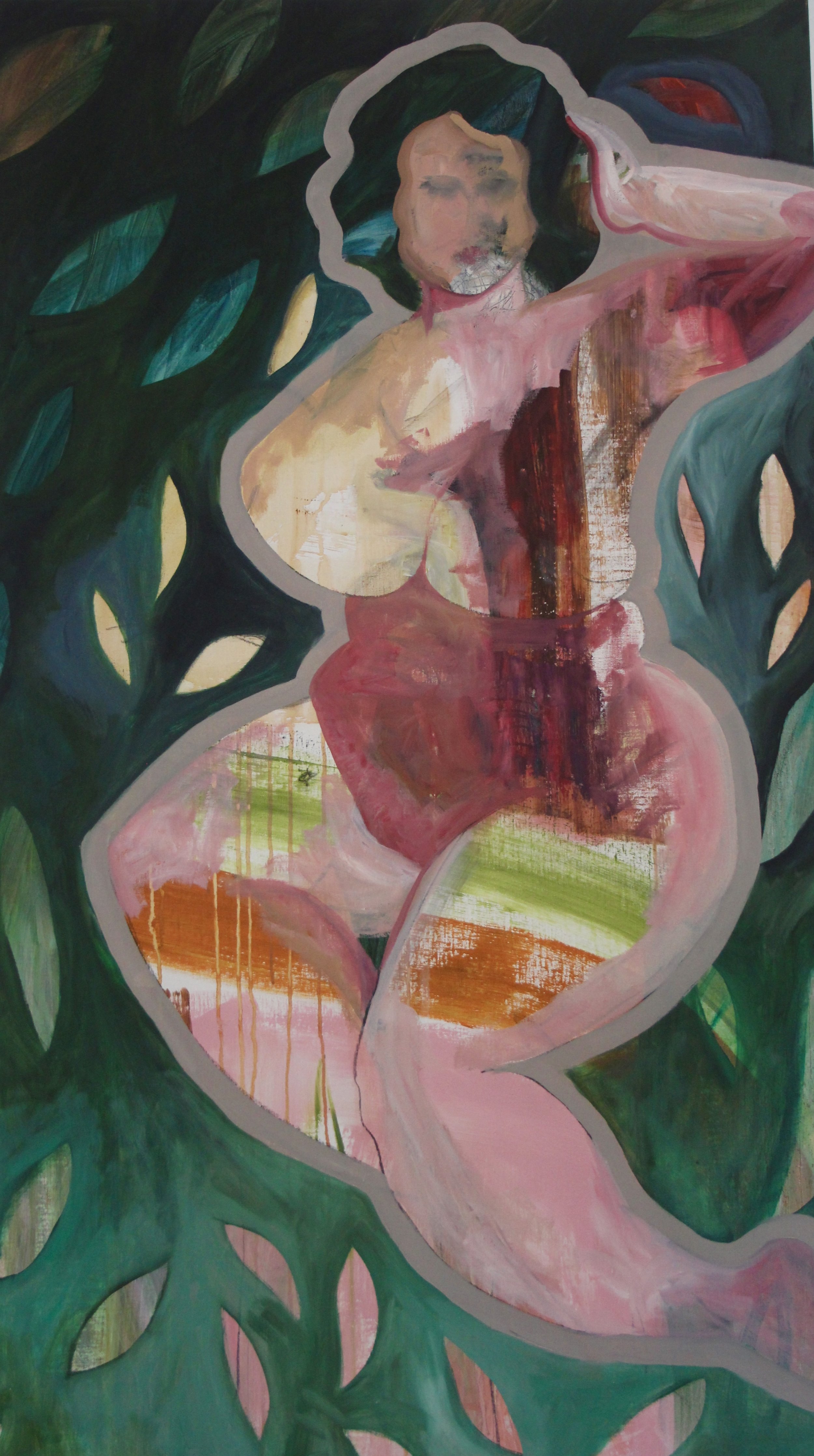Curvy, acrylic, oil and charcoal on canvas, 138x78cm. 2018