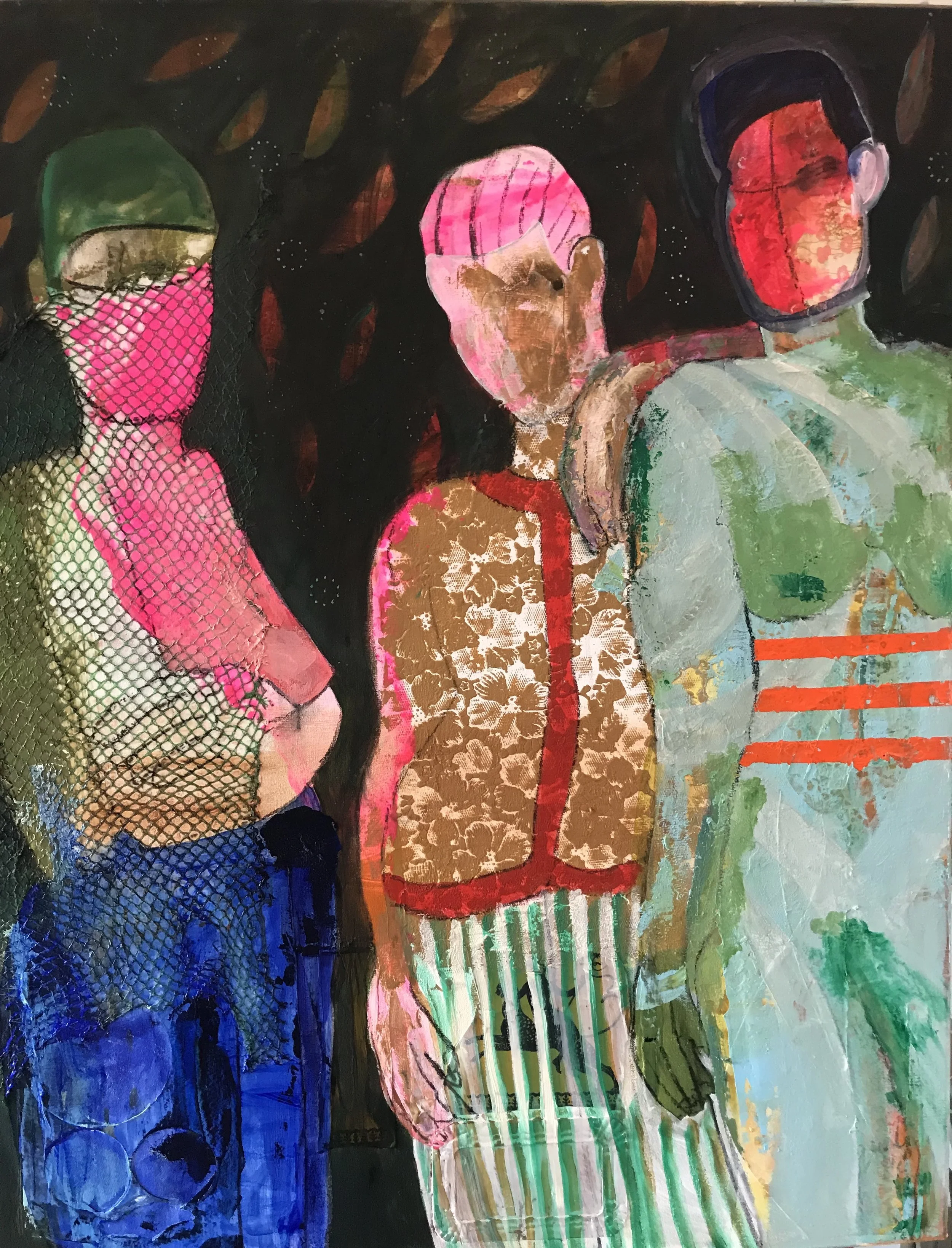 Hanging out, acrylic, oil and collage on canvas, 100x80 cm. 2018