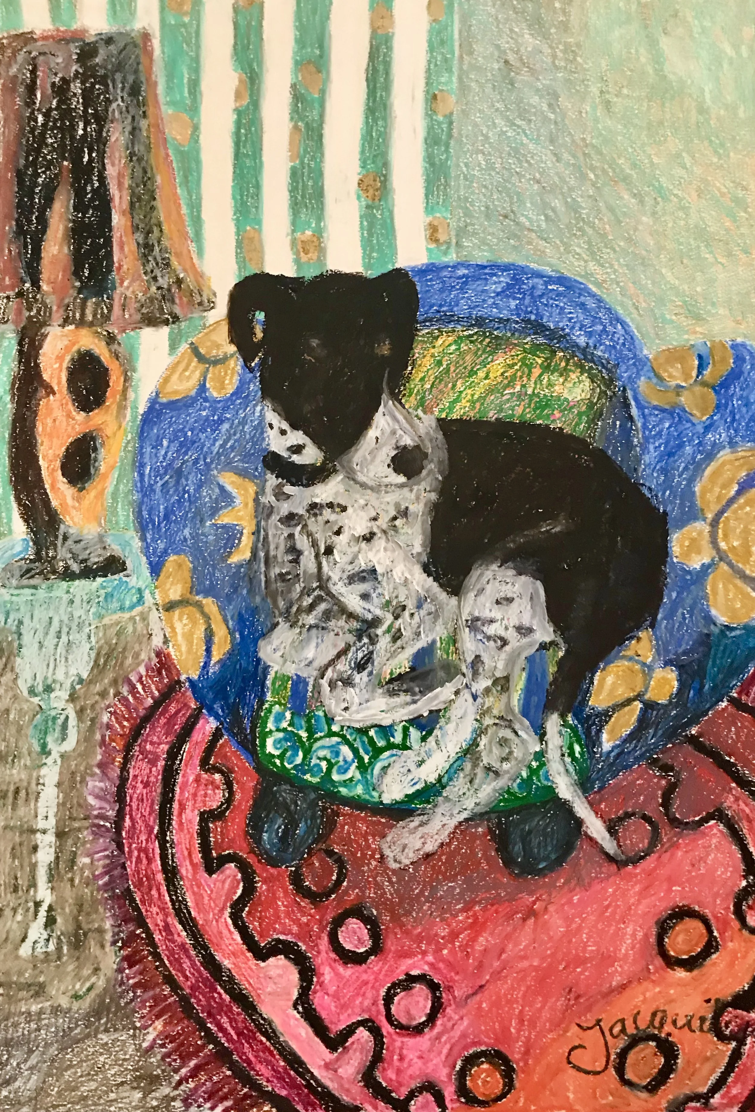 Dog in blue chair, oil pastel on paper, 60x42 cm. 2019