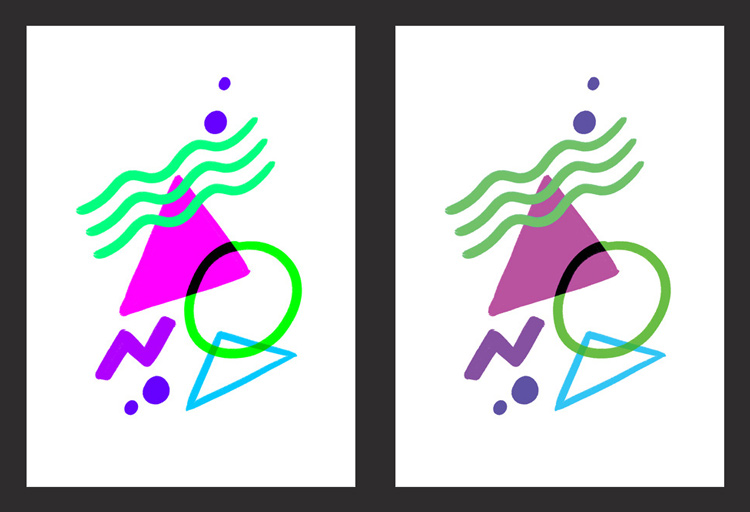 Left: RGB / Right: The same file when converted to CMYK