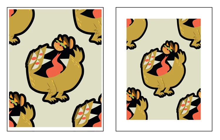 Left: The typical result of a default “fit to page” setting often leads to awkward and uneven white space around your art. Right: Even margins. The end result is more professional and gives your art breathing room for both framing and a pencil signature/numbering. Margins are typically between 1/2” to 1” wide.