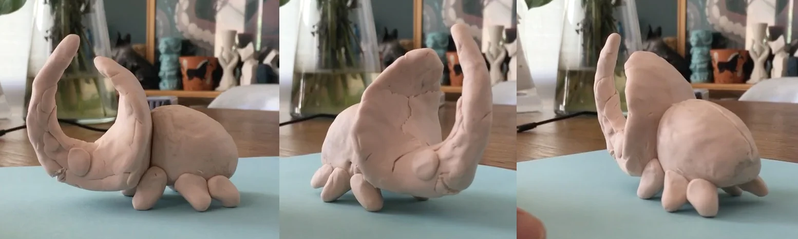 To help me visualize size and communicate the dimensions I had in mind to my sculptor, I mocked up the beetle using polymer clay. P.S. This is the extent of my sculpting abilities. Watch out Aardman!