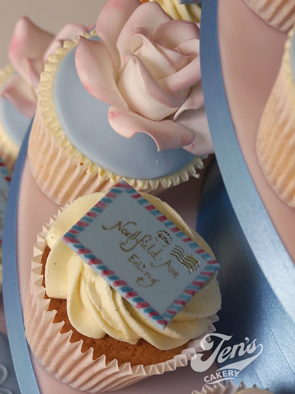 "Austen" cupcakes (with handpainted vintage air-mail envelopes)
