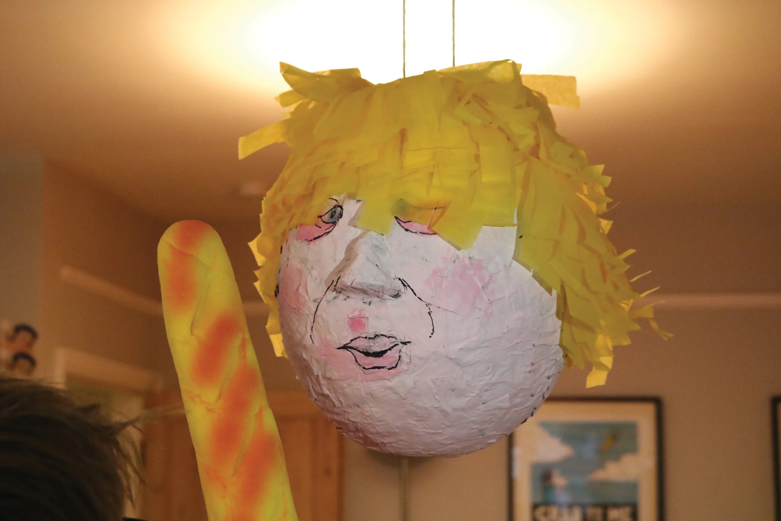 A boris johnson Pinata, of course. It’s filled with chocolate money: £350 million for the NHS to be precise. We used a french stick to bash him.