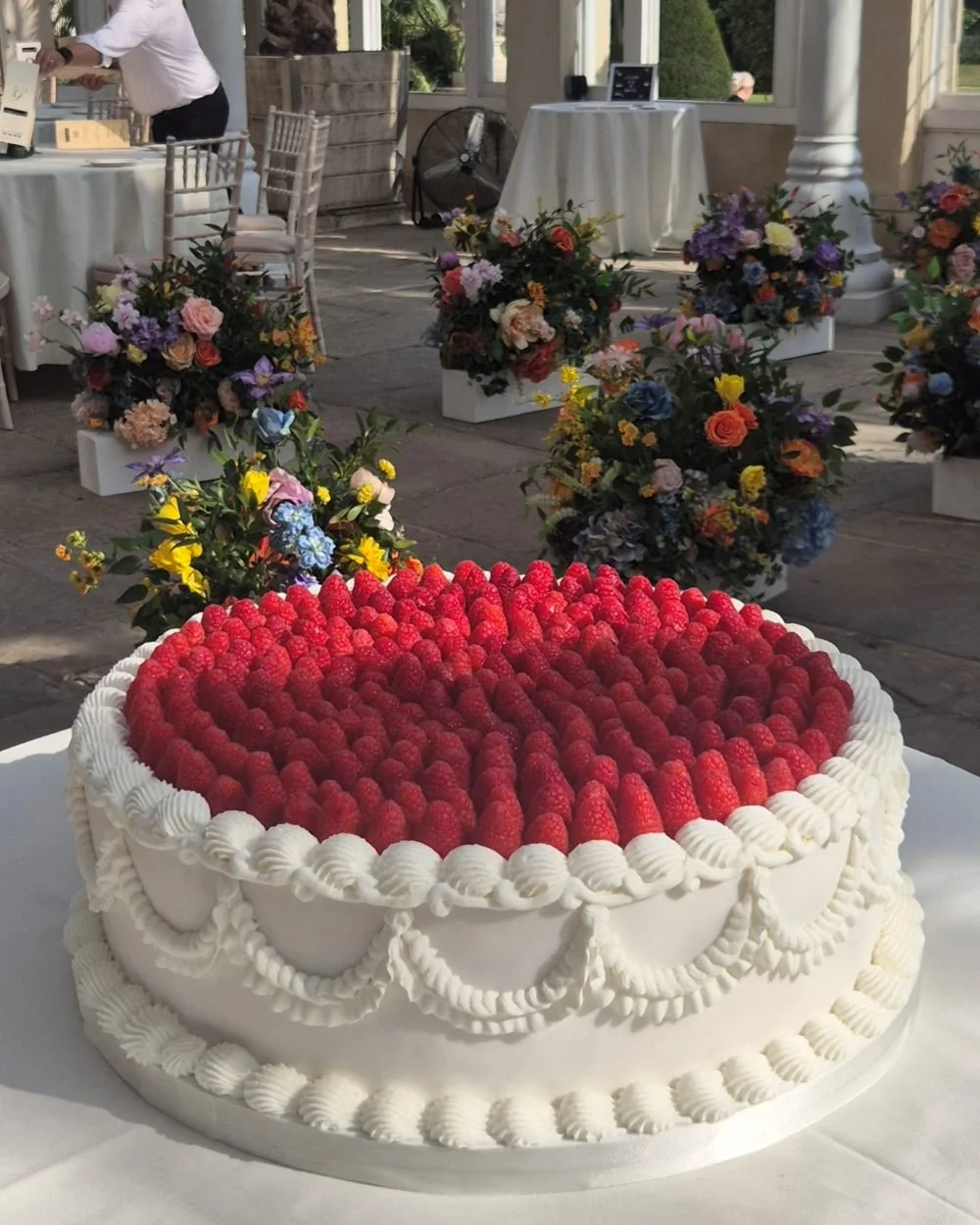 extra wide, single tier wedding cake with piped details and raspberries