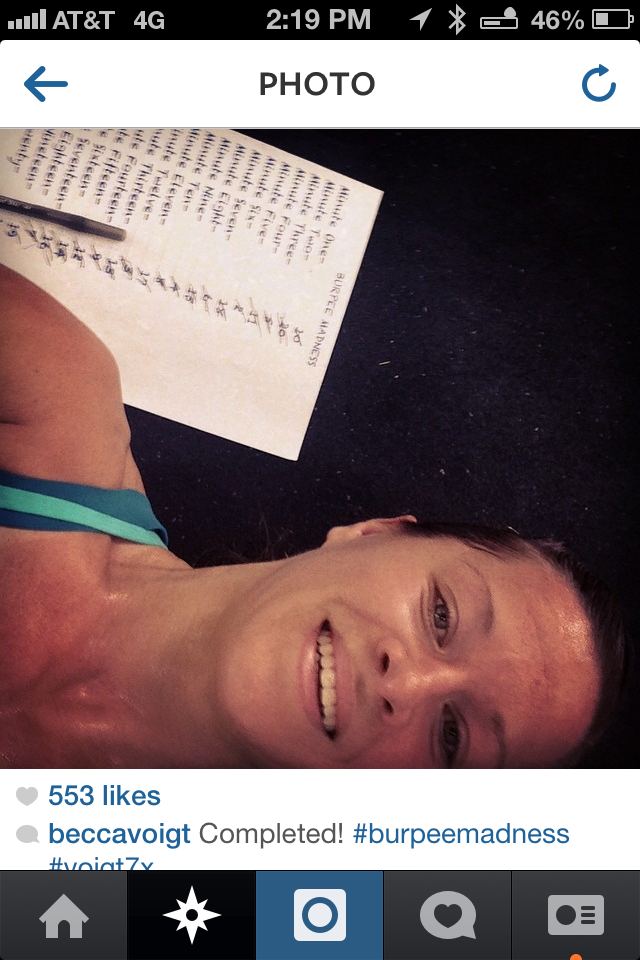 Becca Voigt, 7 time CrossFit Games competitor and Kokoro 30 teammate after her Burpee Madness workout on Instagram