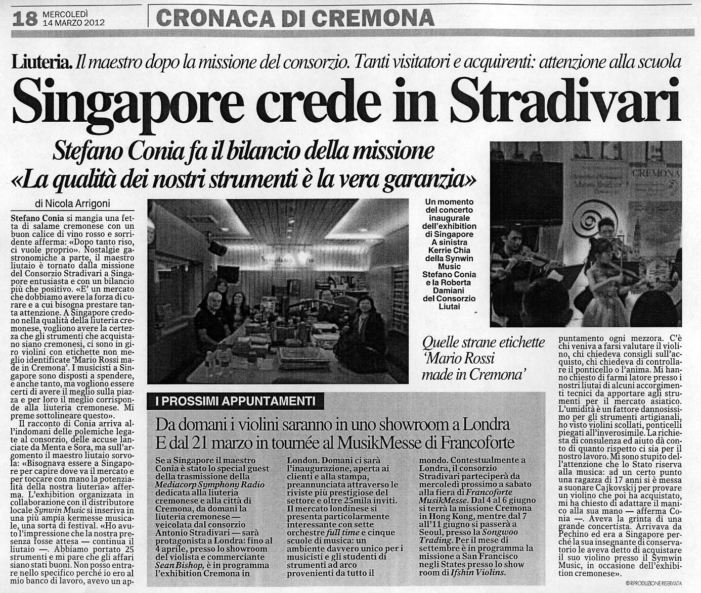 Nicole Chong, 7 years old, making the headlines in Cremona for her performance in Singapore
