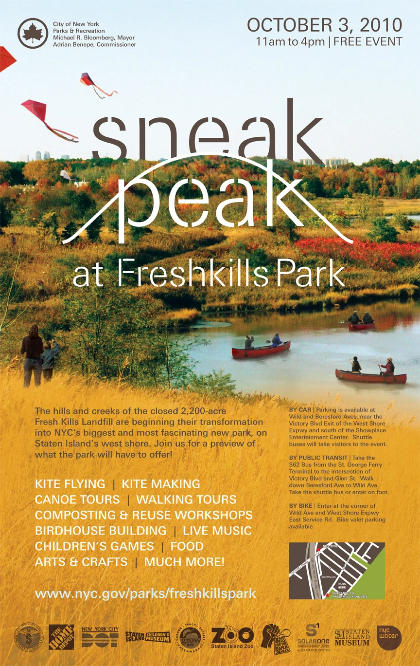 Sneak Peak Promotional Materials. Advertisements for the 2010 and 2011 park preview events ran for a month on the Staten Island Ferry, and smaller (12"x19") posters and postcards were distributed at the Ferry Terminal, at cultural centers, schools and information fairs. The photo collages are based on photos I had taken at the site plus a variety of other additions (most notably, the people).