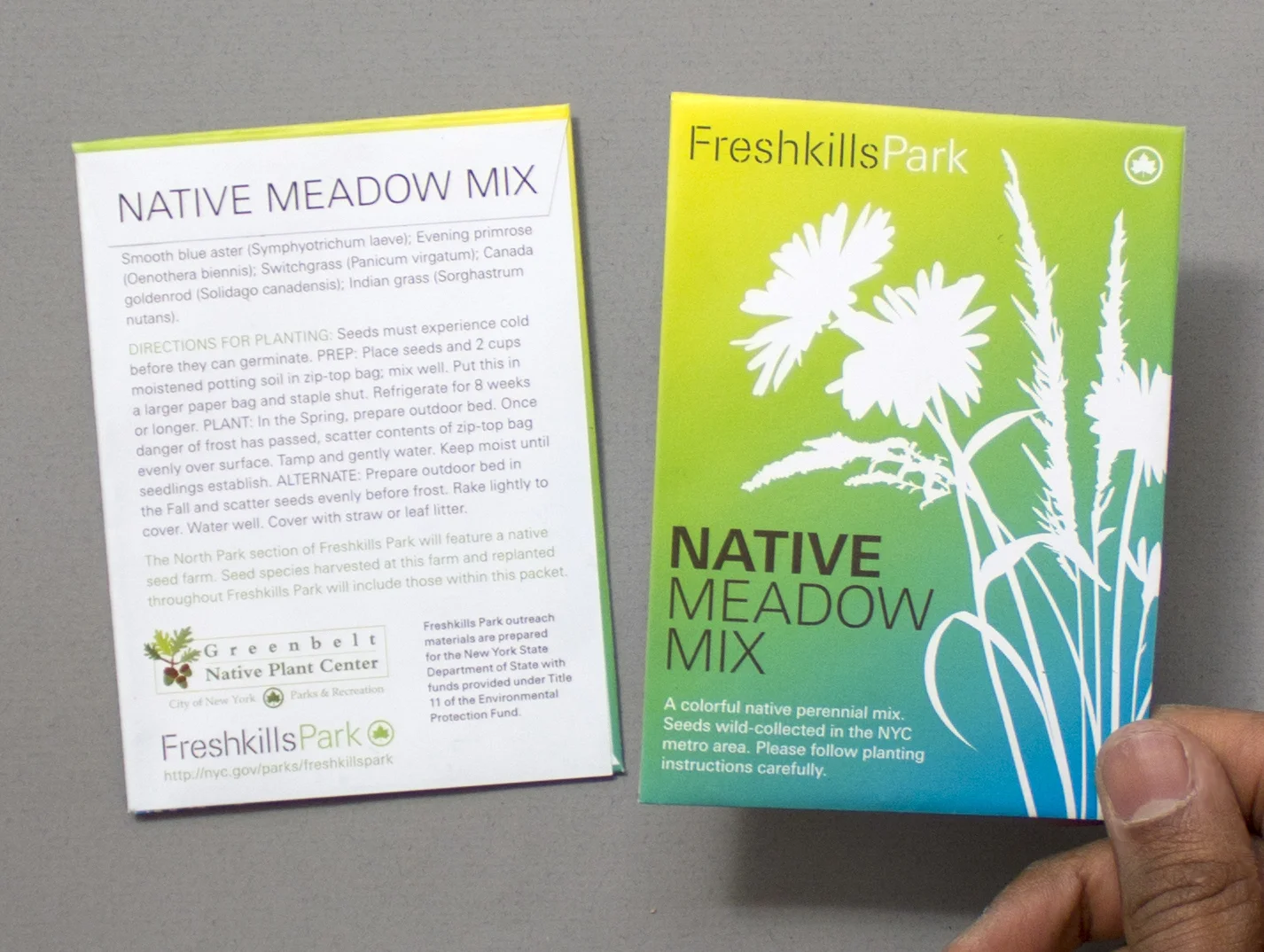 Native Meadow Mix Seed Packets. Packets of native meadow seed that I conceived and co-developed as a giveaway to site visitors. As park development at the site is slow and long-term, the seed packets were conceptualized as a way to have something tangible, personal and positive for constituents to take home and engage with in relation to the in the near term. Another intention was to shift the site’s implicit identity from connotations of waste and environmental degradation to those of ecological restoration, sustainability and growth. Native, local species provided will be used in meadow restoration at the site as well used to cultivate even more seed at an on-site farm for further restoration efforts: planting these seeds at home, in gardens and pots, offer a preview of the park to come.