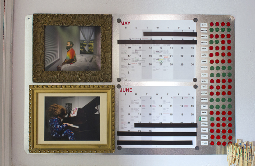 The installed calendar strikes a balance between holding housemates accountable and celebrating their contributions and their lives—their artful portraits are featured in the magnetic photo frames during their birthday months. When a housemate has signed up for their shifts in a given cycle, they flip over the magnets beside their name label from red to green (the name label is itself a whiteboard magnet, to accommodate a shifting house population). The vibrant visual indicator helps remind housemates to sign up and makes them more accountable to the rest of the house. At the start of the next five week cycle, the magnets are reset, and those who did not sign up the last time carry no debt into the future. 